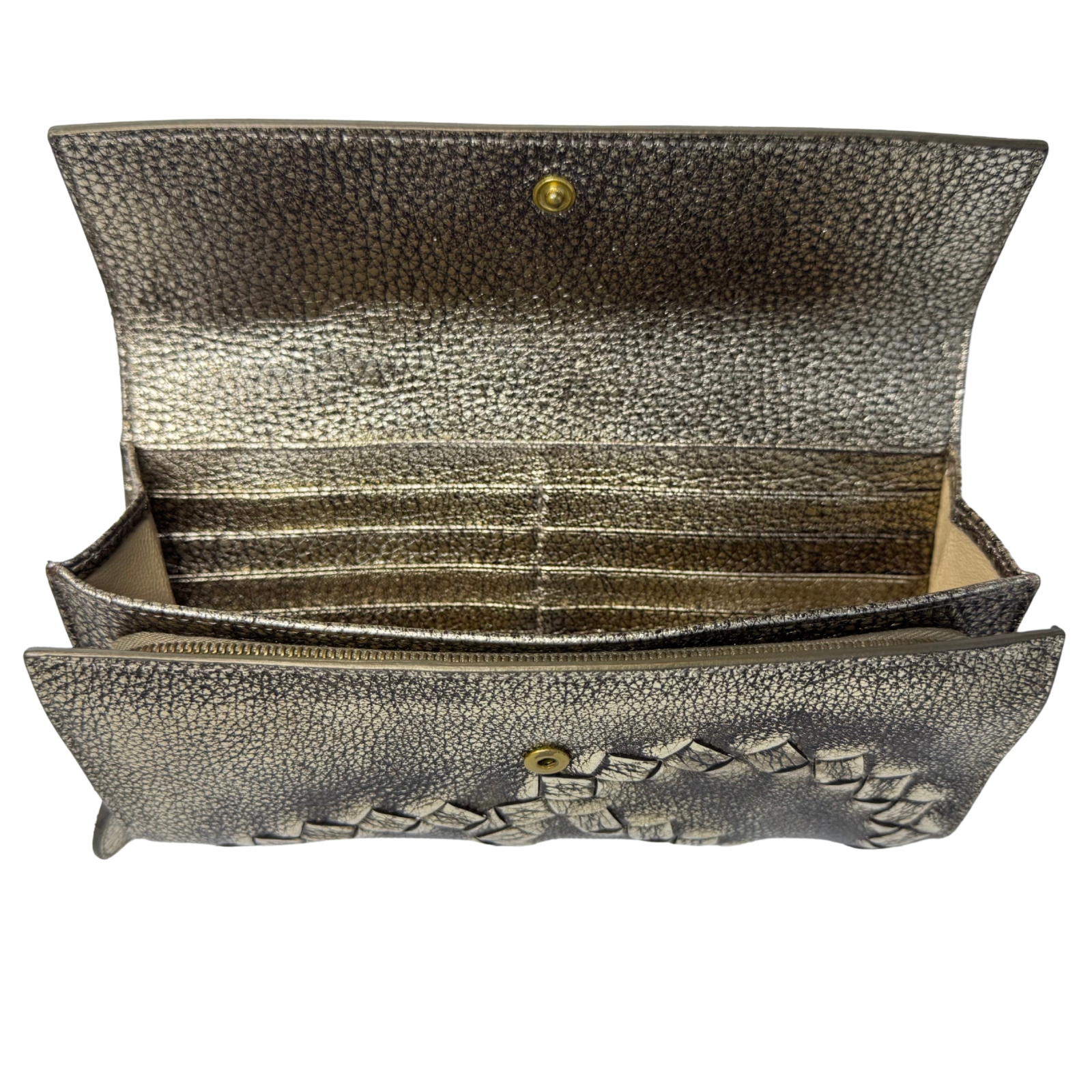 Bottega Veneta Metallic Pewter Woven and Pebbled Leather Long Wallet