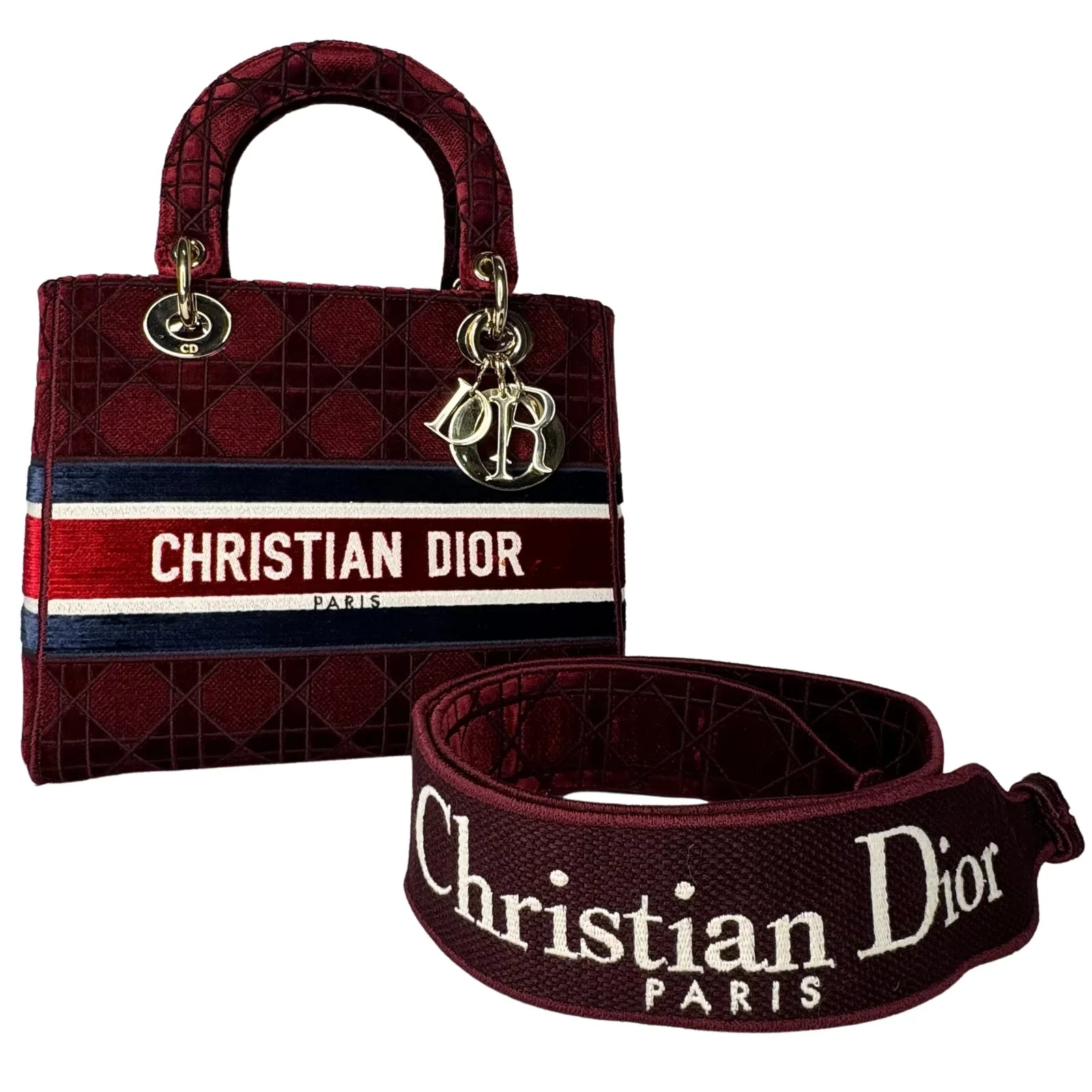 Christian Dior Velvet Cannage Medium Lady D-Lite Bag Burguandy