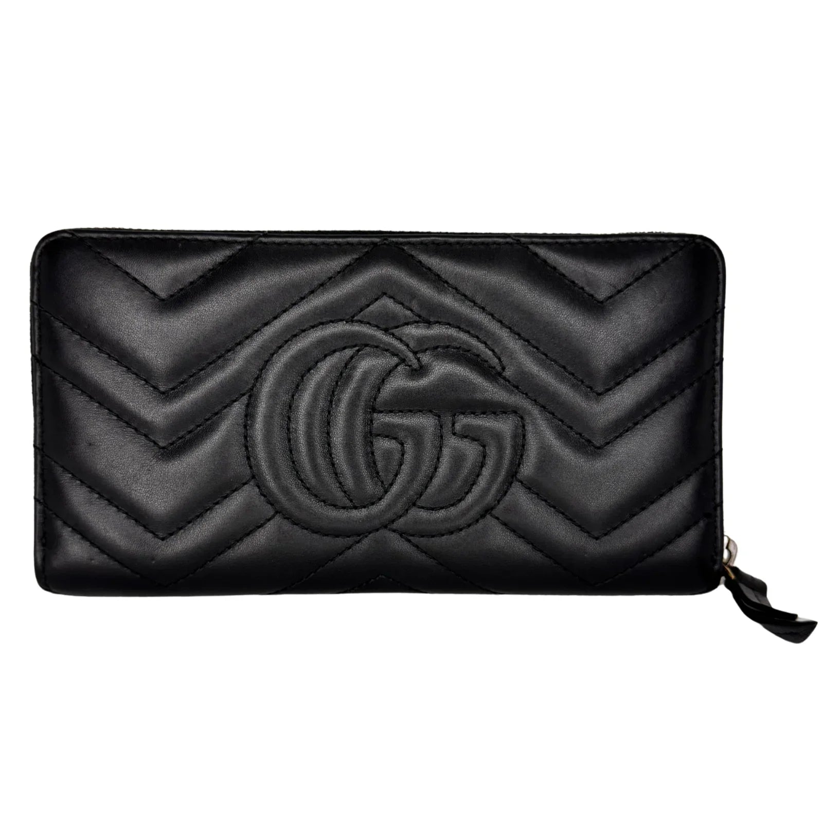 Gucci GG Marmont Zip-Around Long Wallet Black Matelassé Chevron Leather