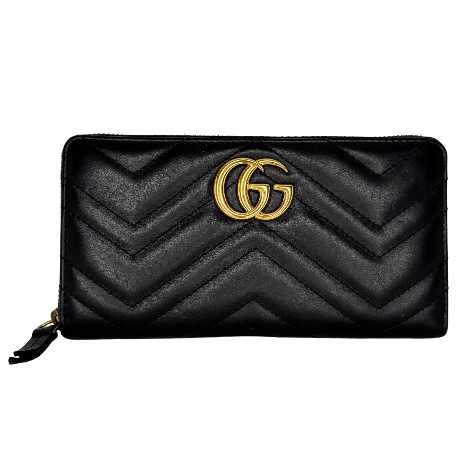 Gucci GG Marmont Zip-Around Long Wallet Black Matelassé Chevron Leather