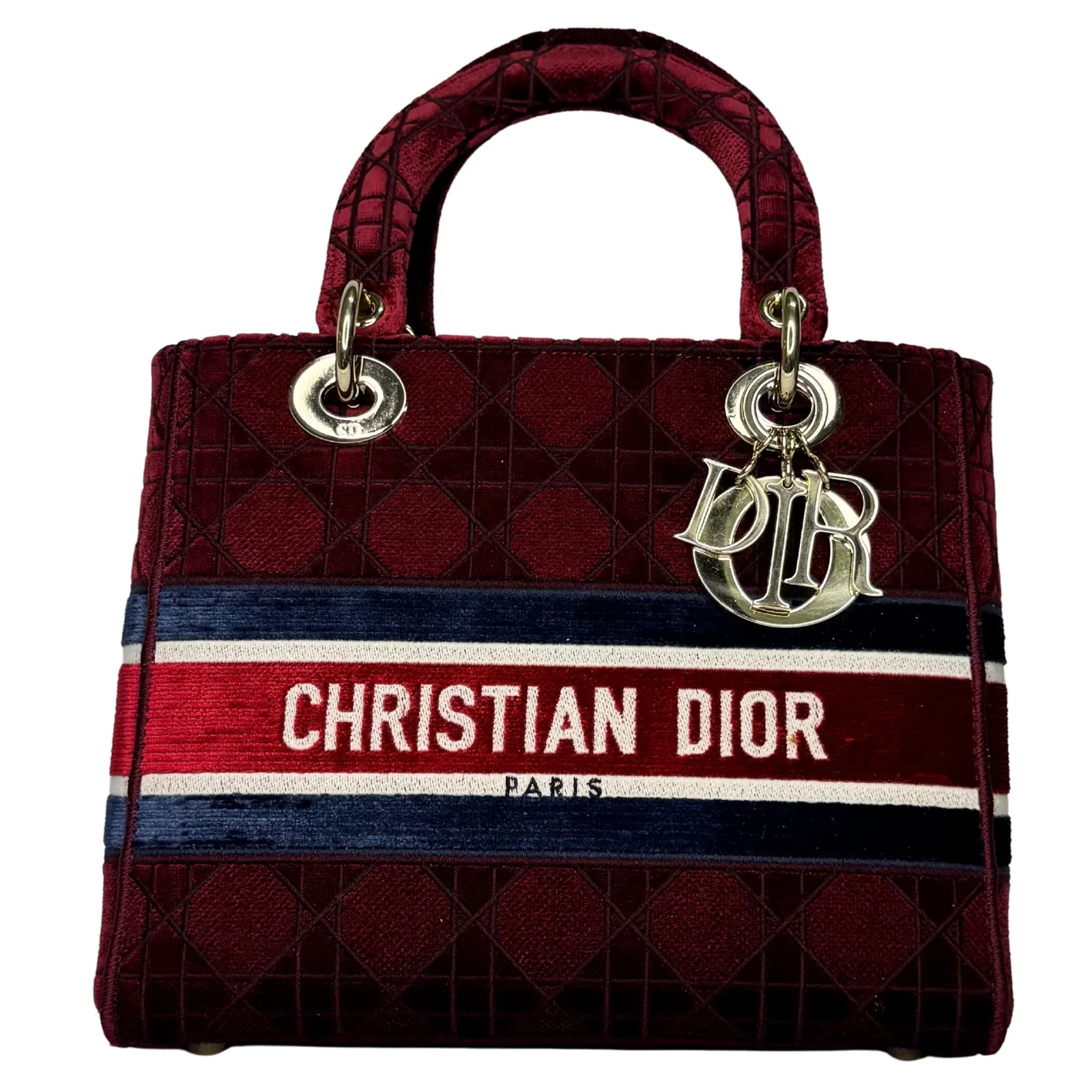 Christian Dior Velvet Cannage Medium Lady D-Lite Bag Burguandy