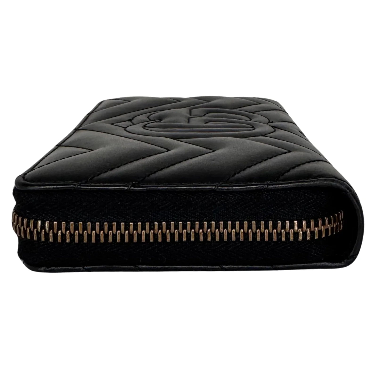 Gucci GG Marmont Zip-Around Long Wallet Black Matelassé Chevron Leather