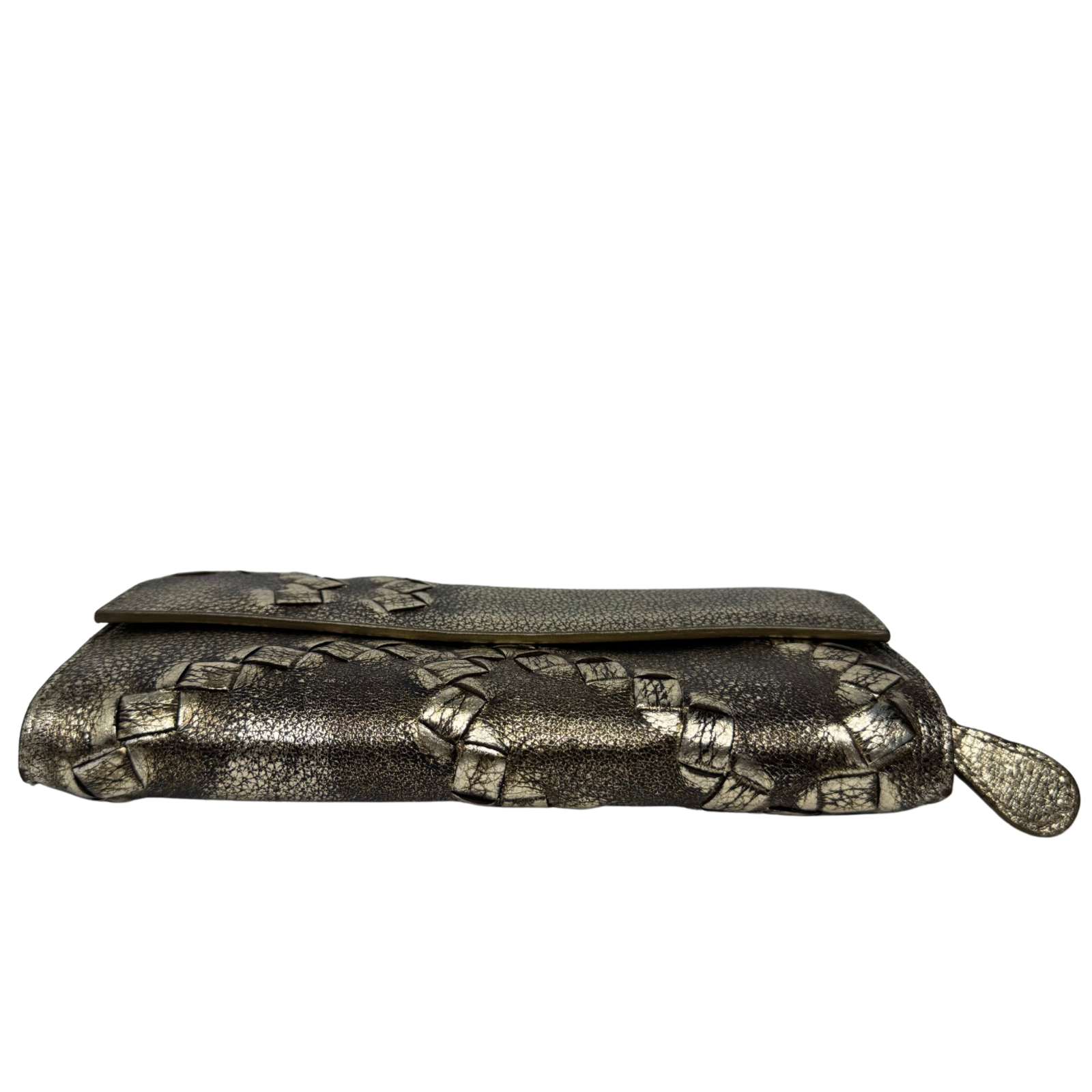 Bottega Veneta Metallic Pewter Woven and Pebbled Leather Long Wallet