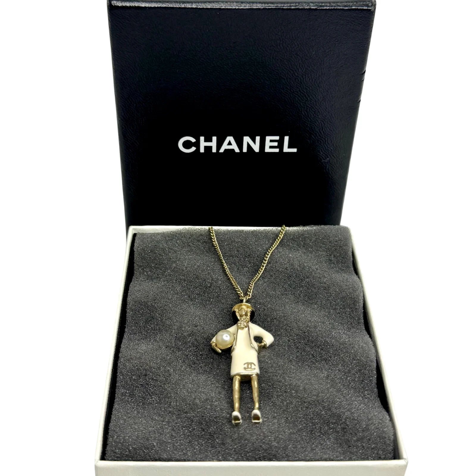 Chanel Mademoiselle Figurine Enamel Pearl Coco CC Pendant Necklace