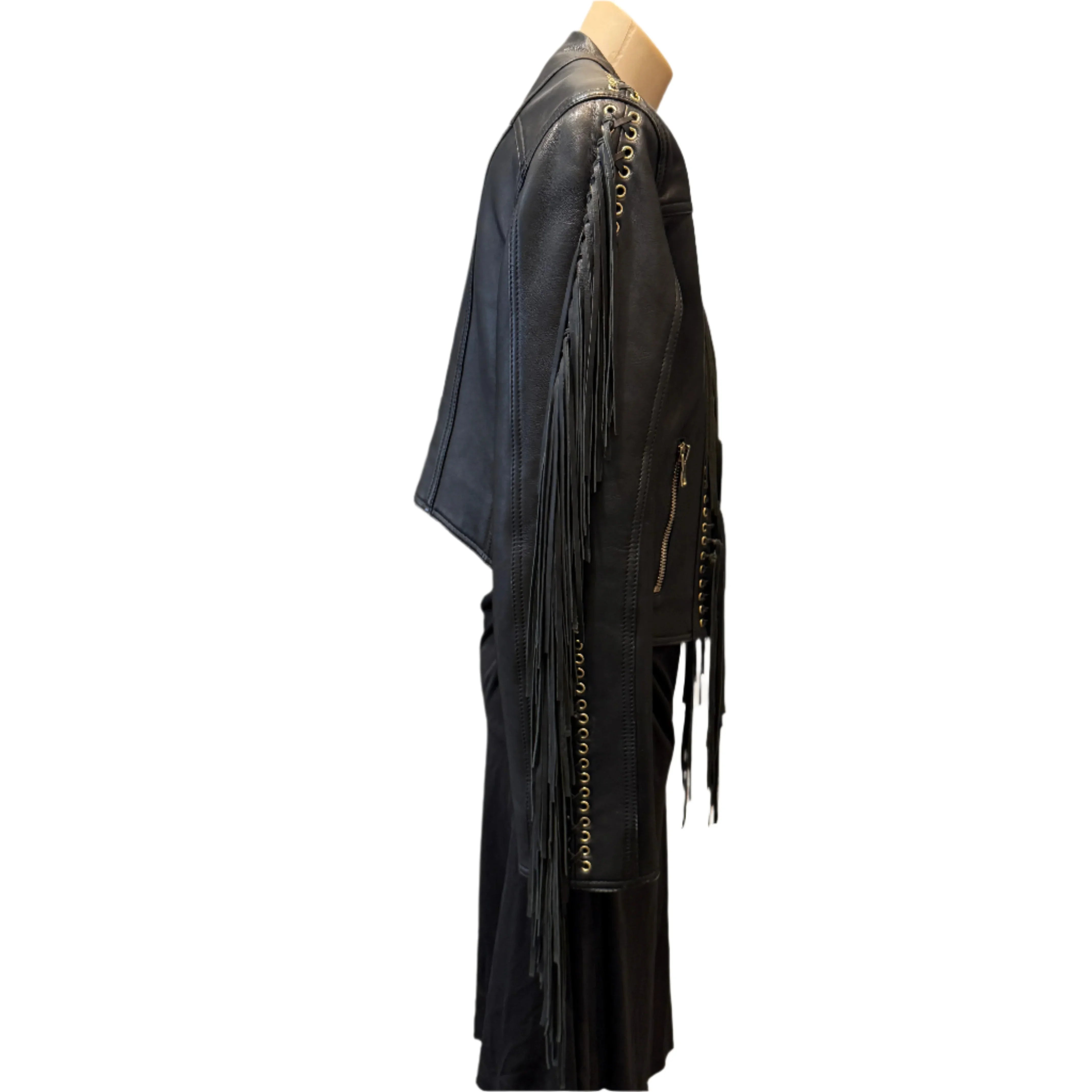 Balmain Leather Fringe Biker Jacket Size 42