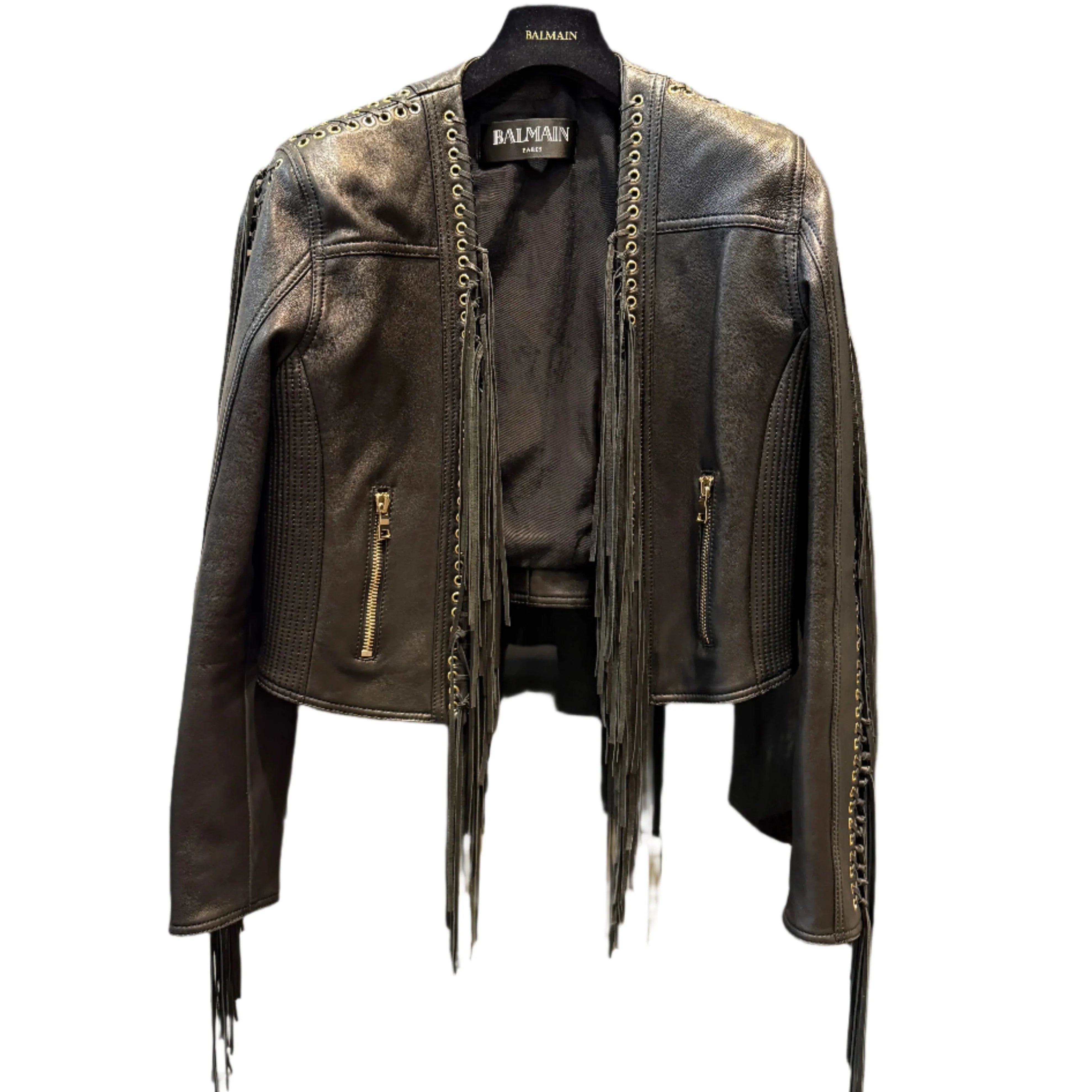 Balmain Leather Fringe Biker Jacket Size 42