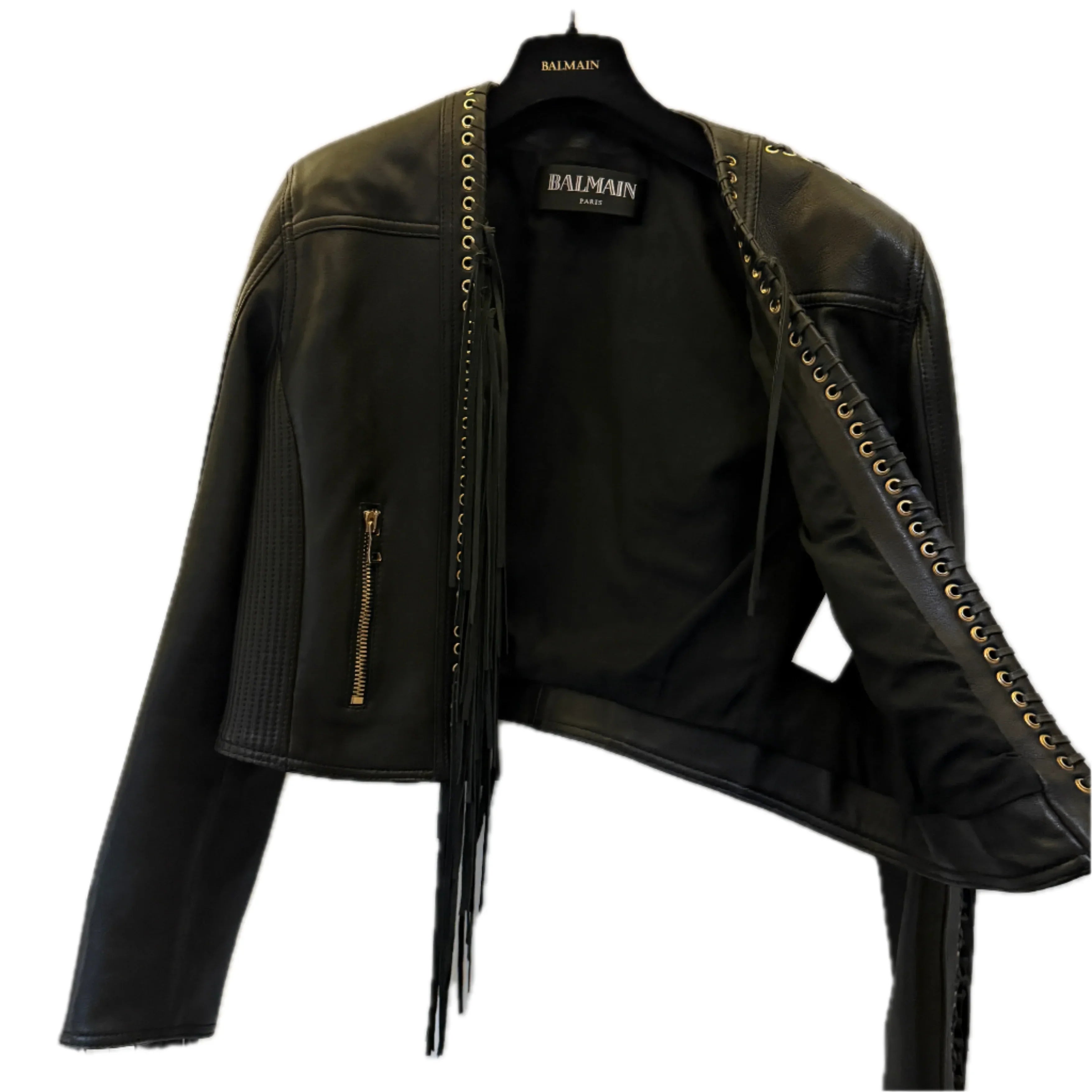 Balmain Leather Fringe Biker Jacket Size 42