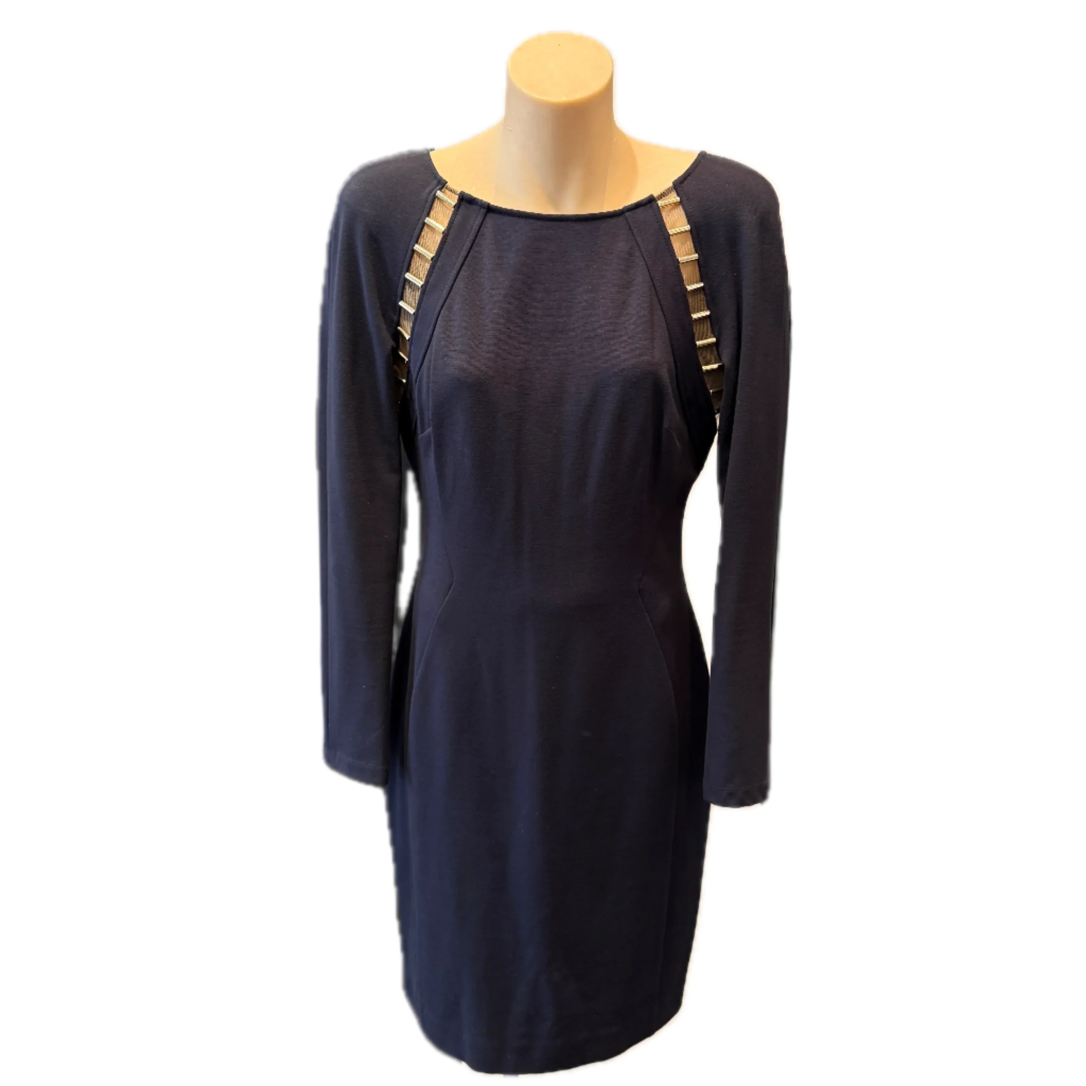 Versace Navy Long Sleeve Fitted Dress with Hardware Detail – Size 44 - Lost Designer