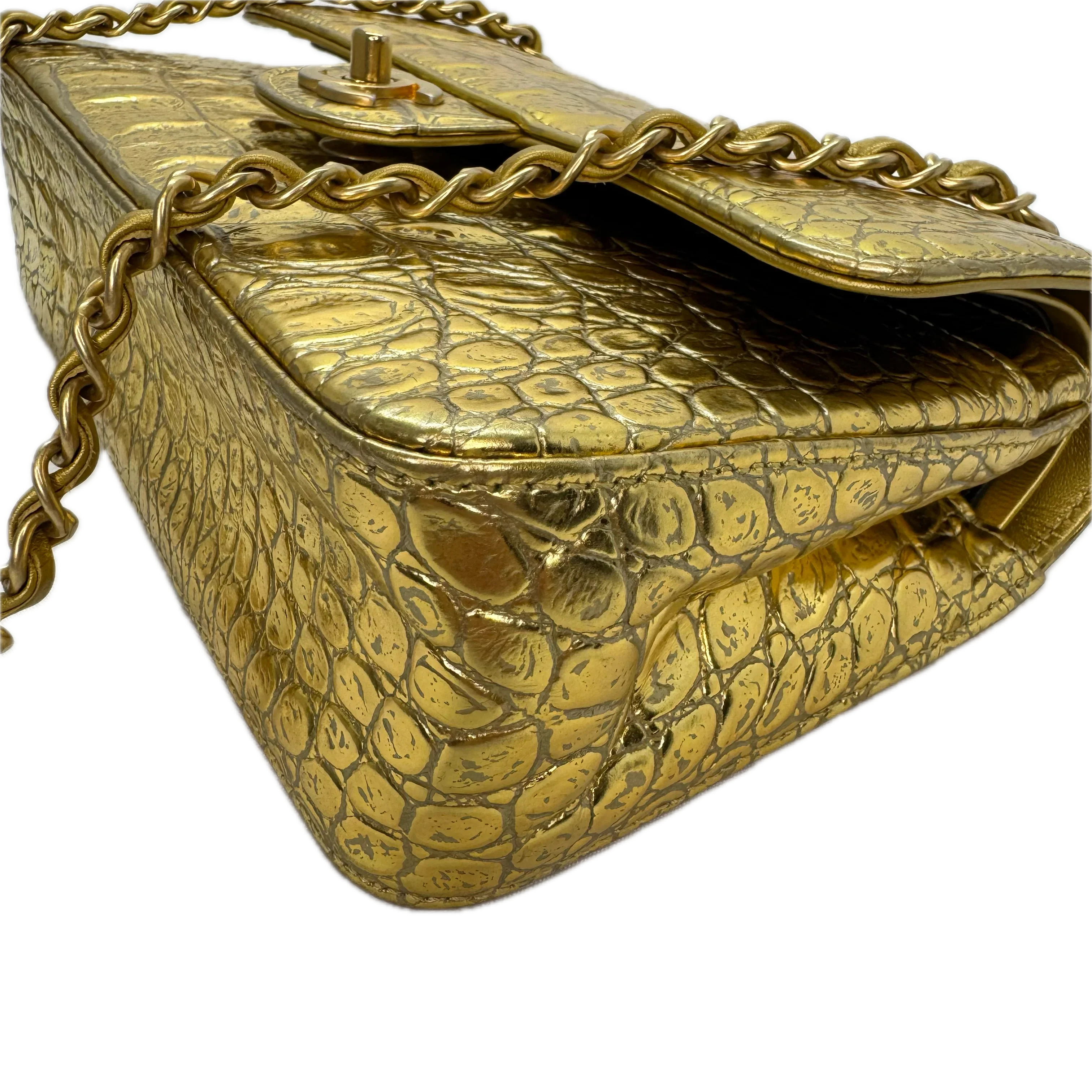 Chanel Double Flap Gold Egyptian Fall 2019 Medium embossed Crocodile Bag - Lost Designer