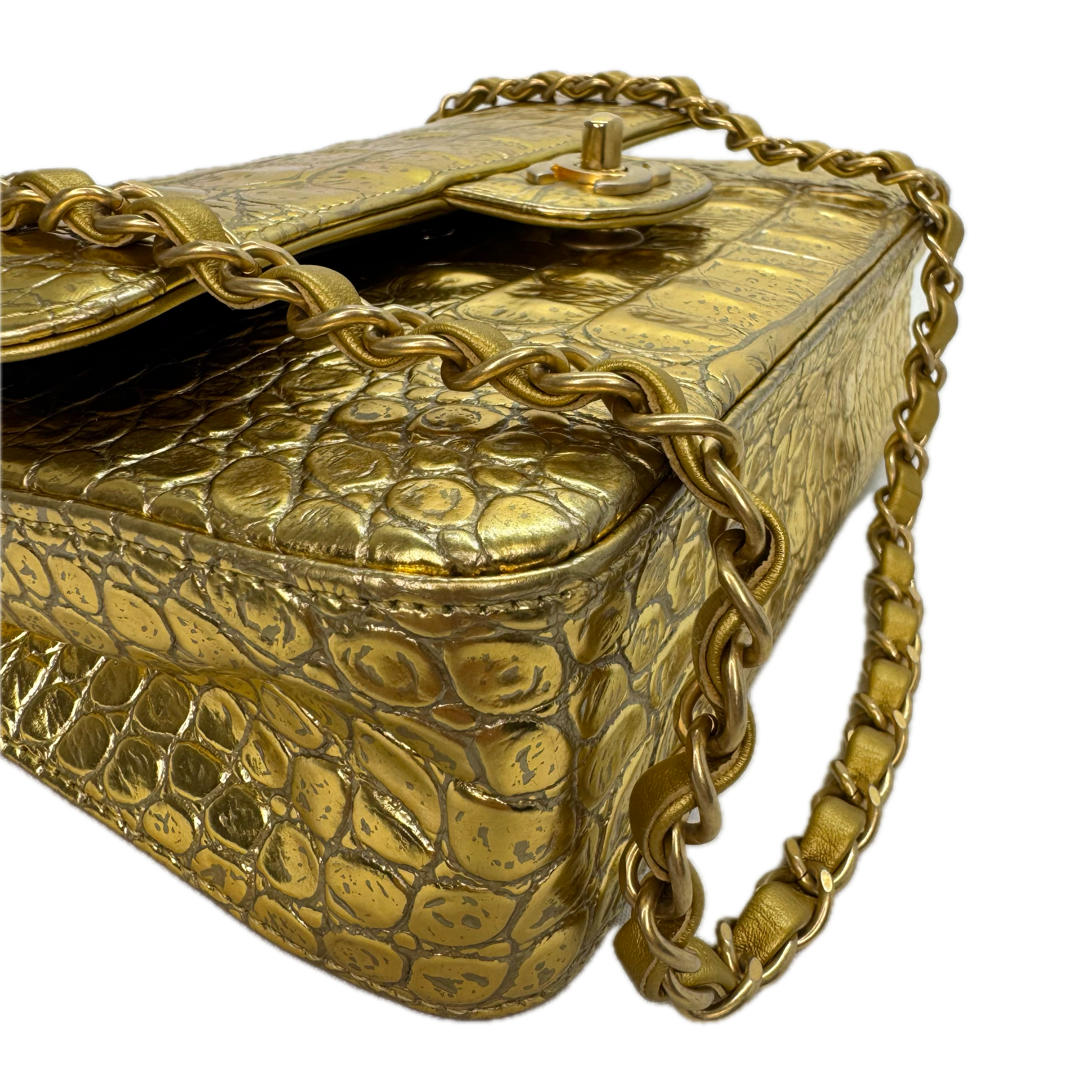 Chanel Double Flap Gold Egyptian Fall 2019 Medium embossed Crocodile Bag
