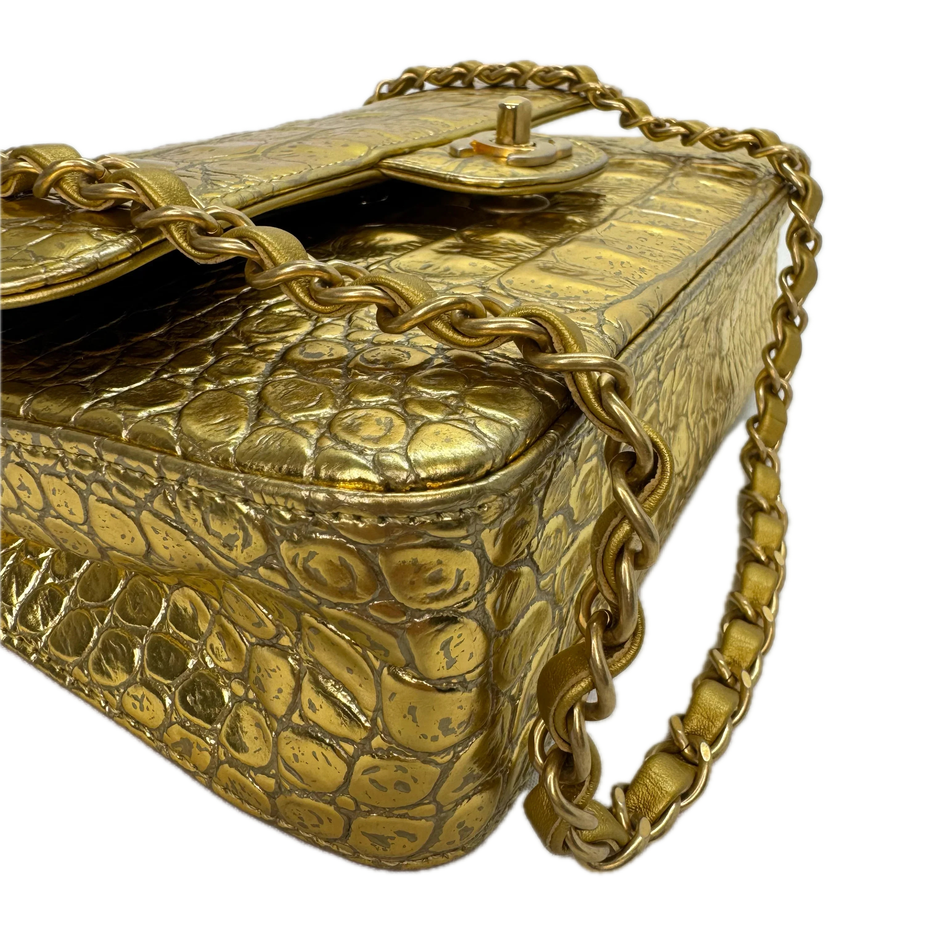 Chanel Double Flap Gold Egyptian Fall 2019 Medium embossed Crocodile Bag - Lost Designer