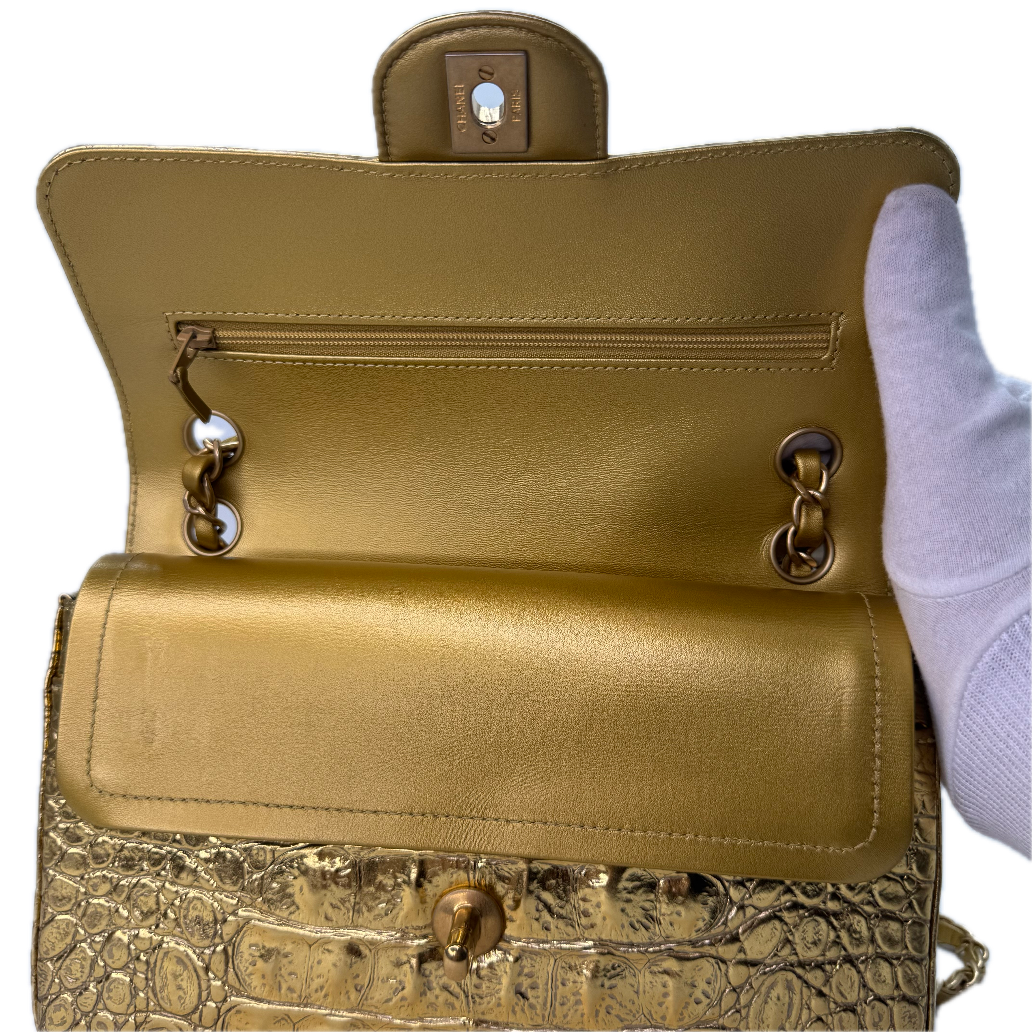 Chanel Double Flap Gold Egyptian Fall 2019 Medium embossed Crocodile Bag