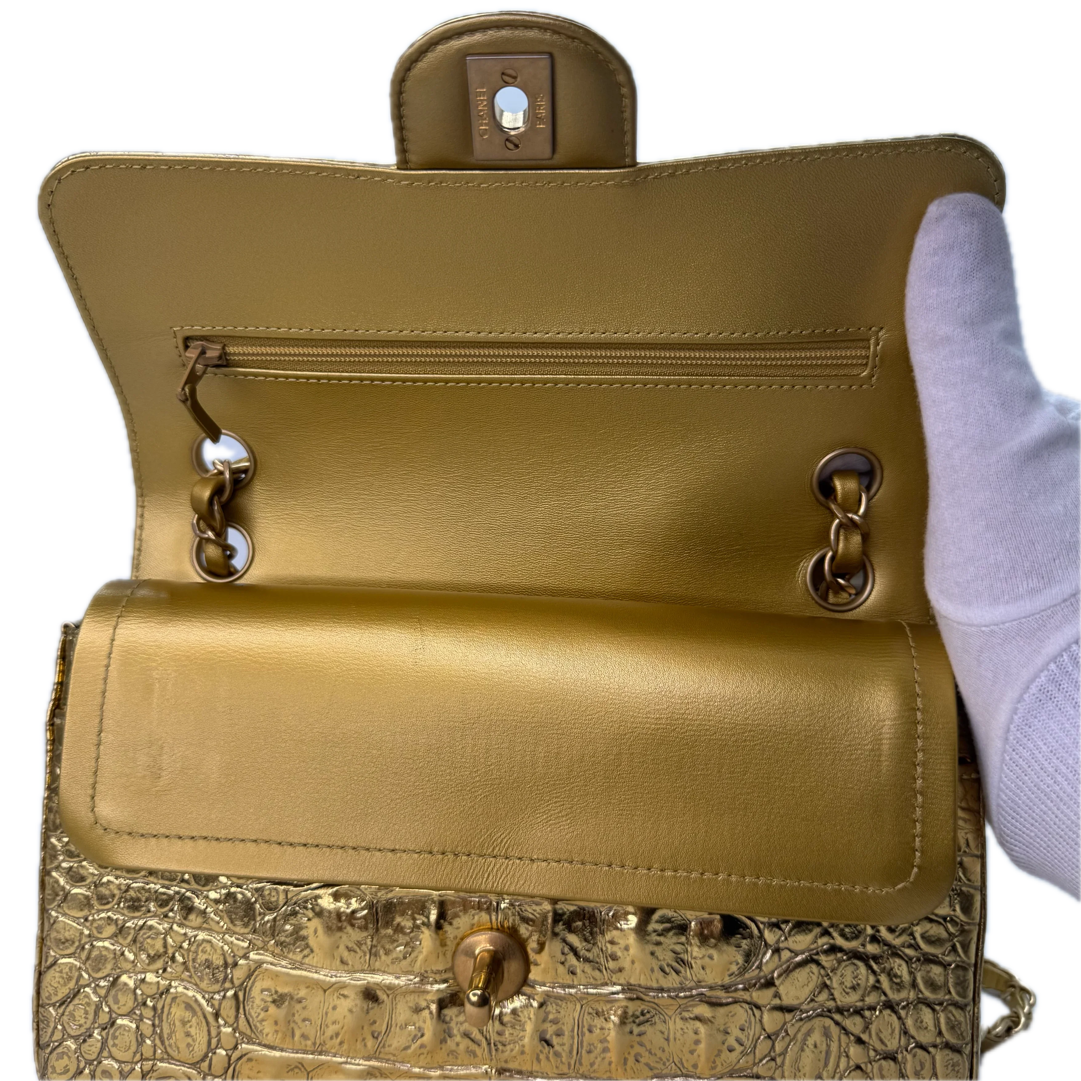 Chanel Double Flap Gold Egyptian Fall 2019 Medium embossed Crocodile Bag - Lost Designer