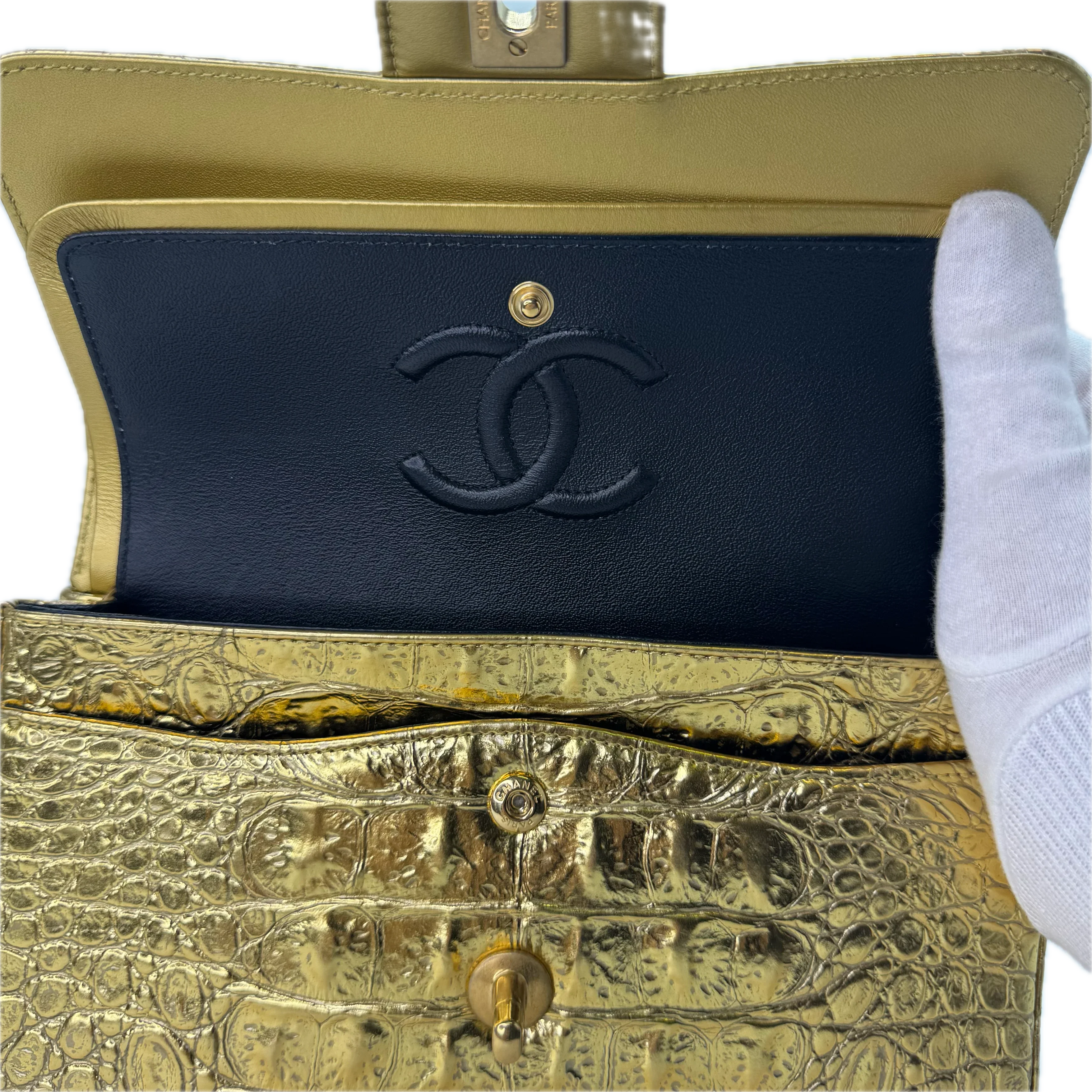Chanel Double Flap Gold Egyptian Fall 2019 Medium embossed Crocodile Bag - Lost Designer