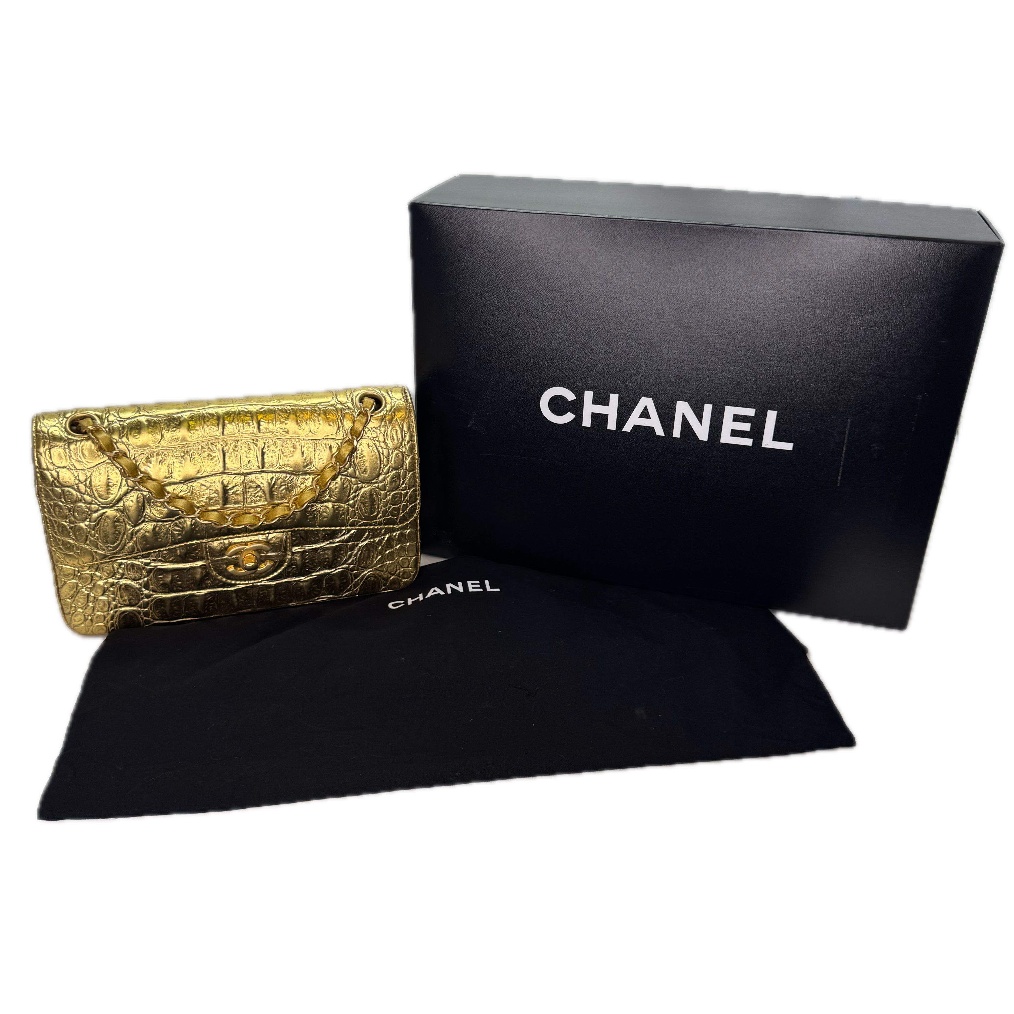 Chanel Double Flap Gold Egyptian Fall 2019 Medium embossed Crocodile Bag