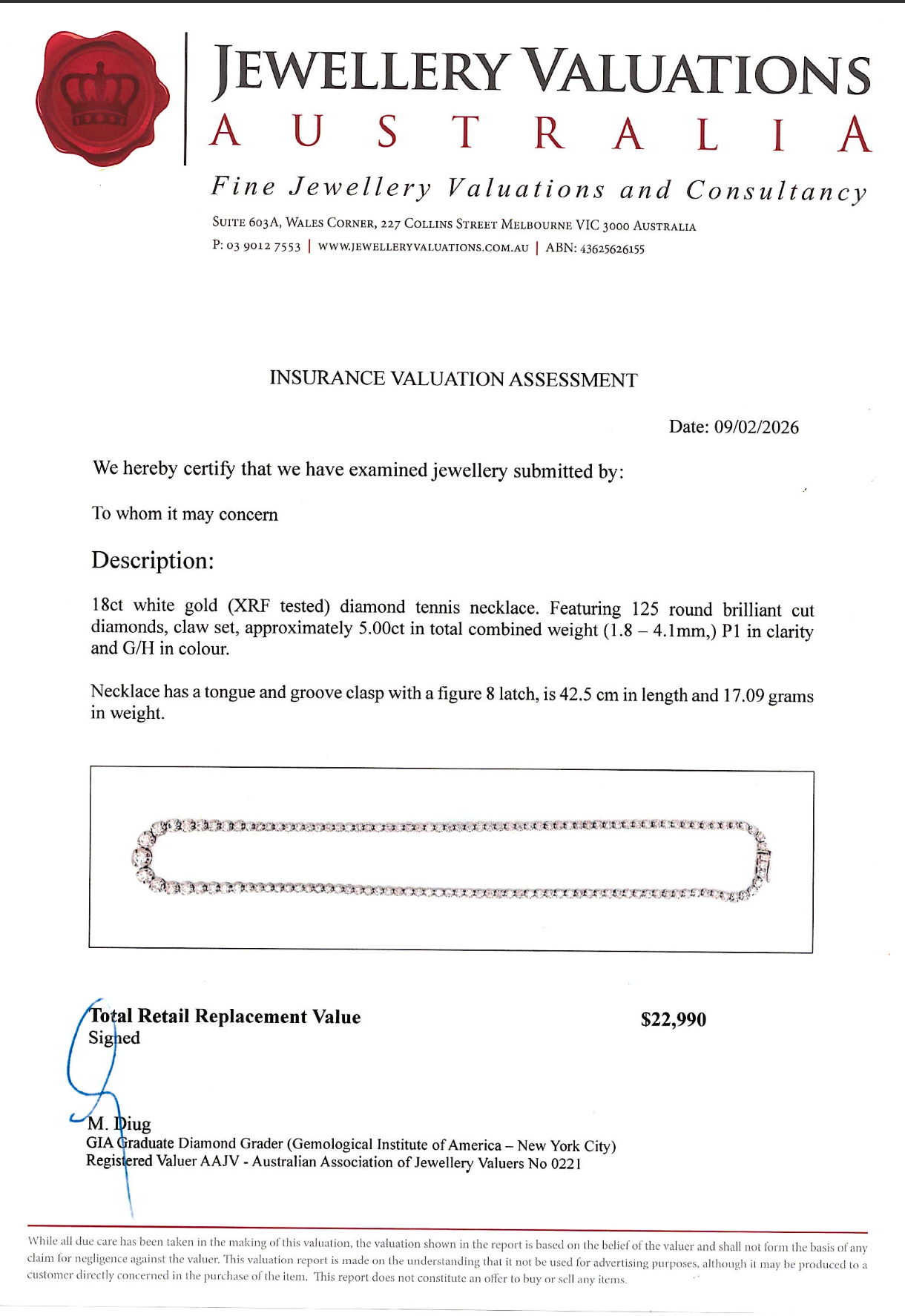 5.00Ct Natural Diamond Tennis Necklace In 18K White Gold