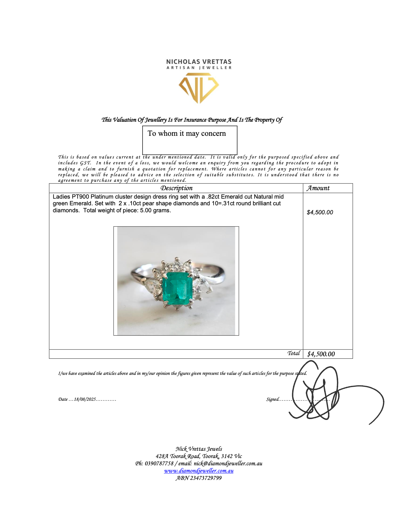 Platinum 900 Natural Emerald 0.82CT & Diamond 0.51CT Cluster Ring SIZE L½
