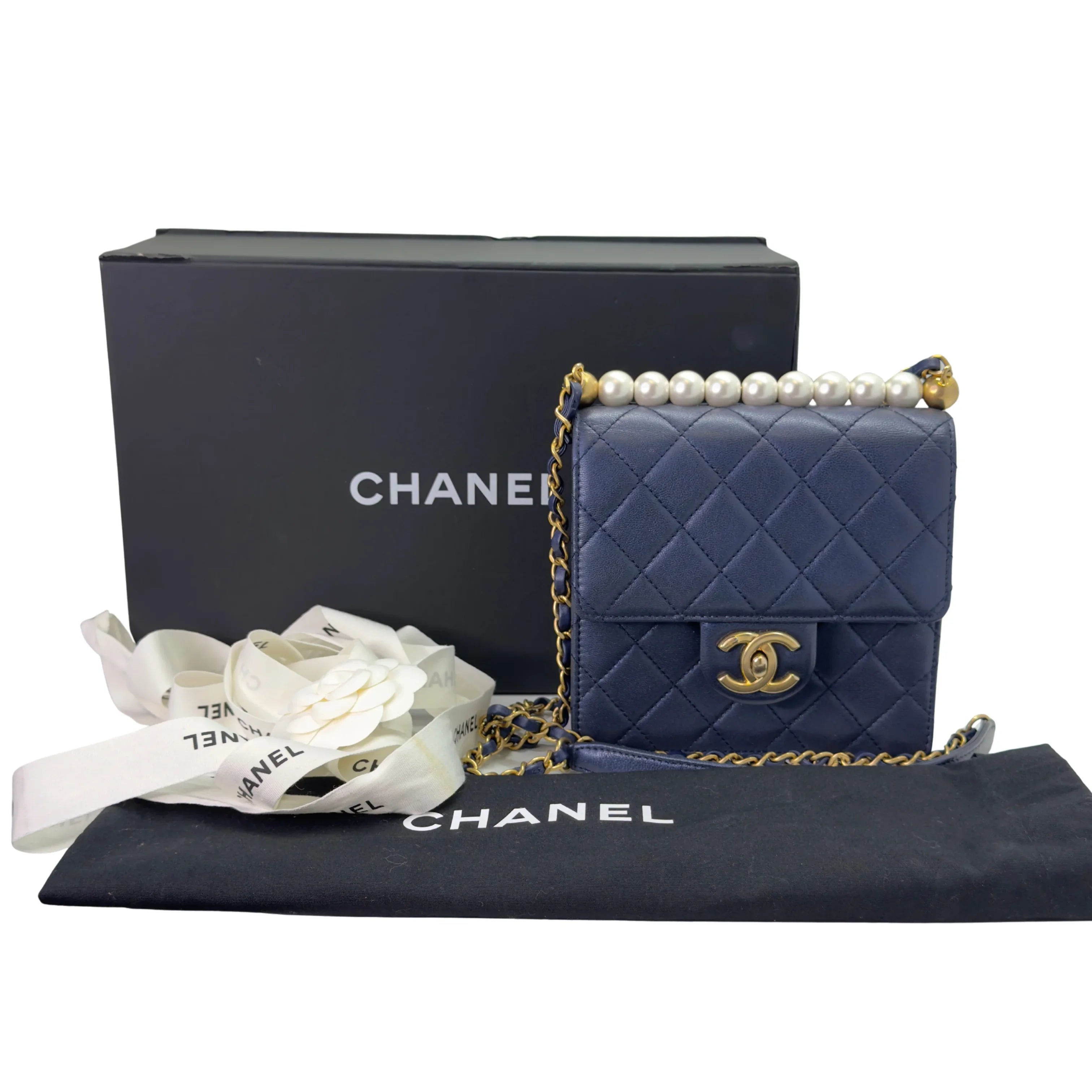 Chanel Iridescent Chic Pearls Lambskin Crossbody Bag Navy Blue - Lost Designer