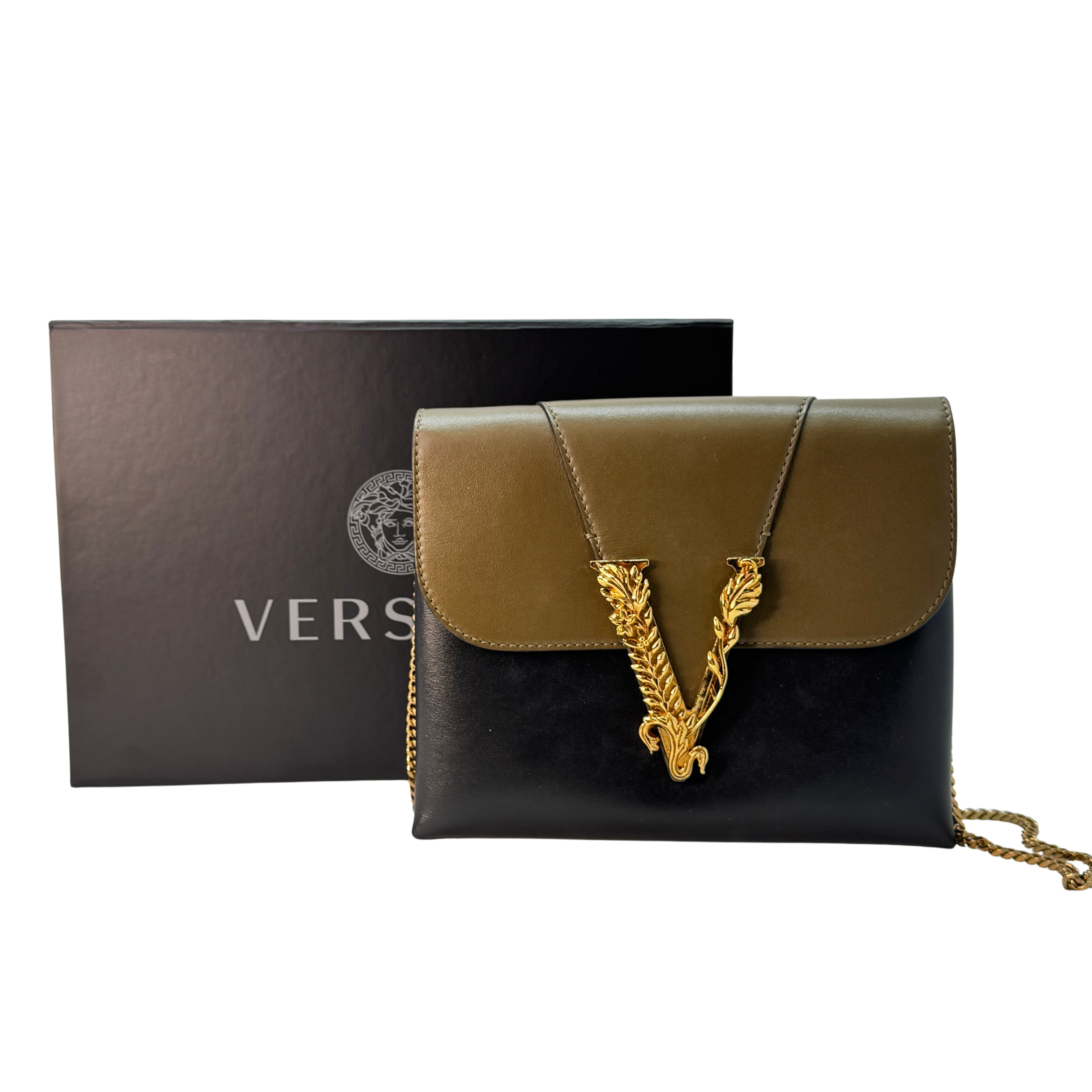 Versace Vitello Virtus Chain Clutch Brown/Black