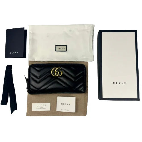 Gucci GG Marmont Zip-Around Long Wallet Black Matelassé Chevron Leather