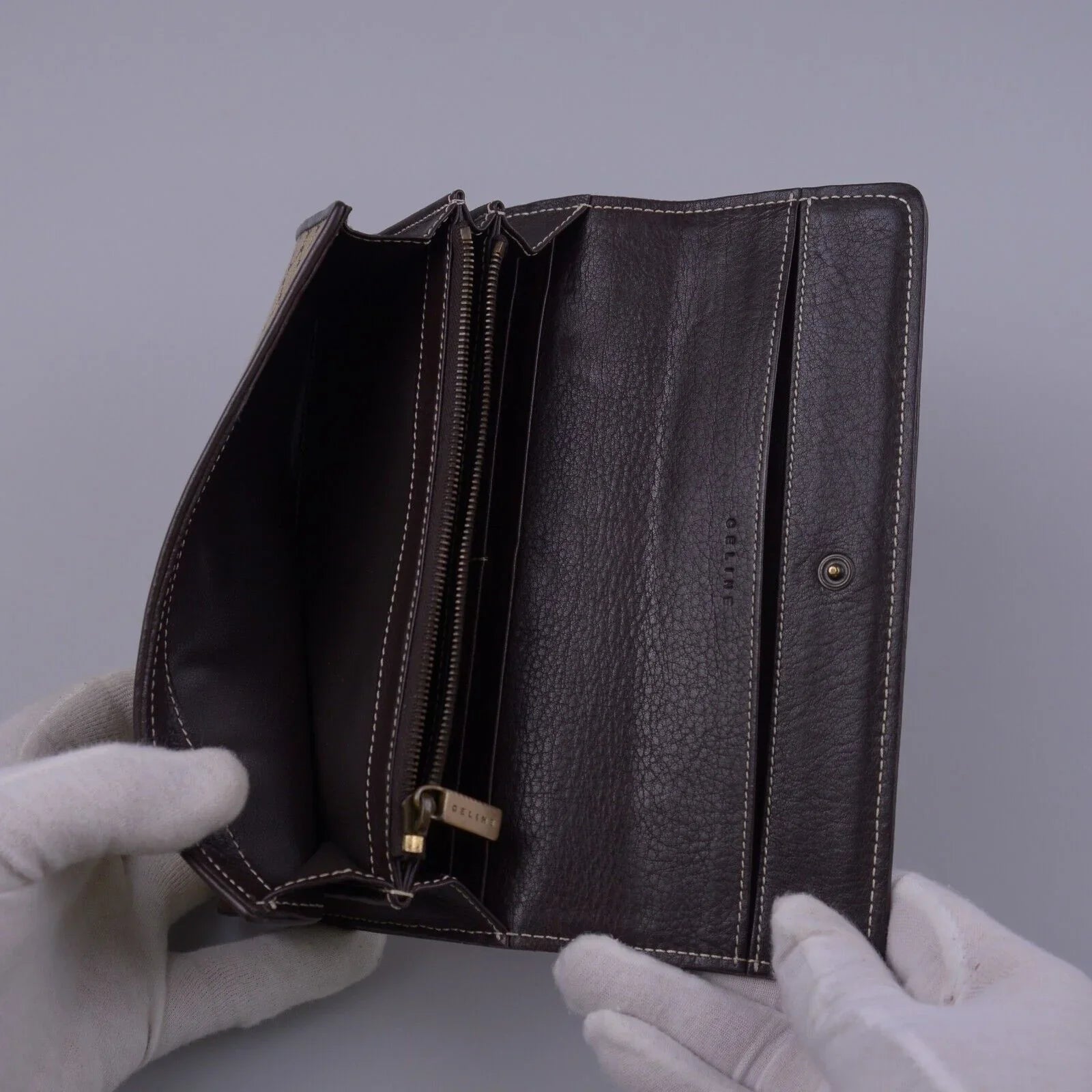 Celine Macadam Monogram Canvas X Leather Long Wallet Brown