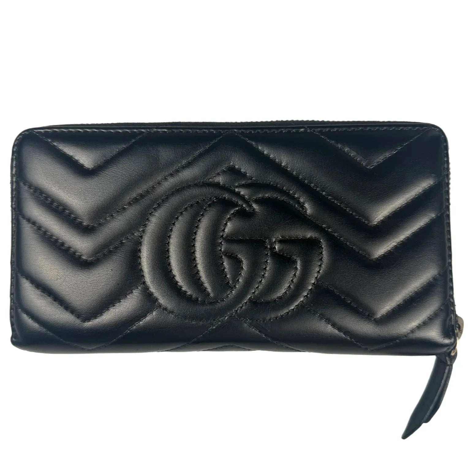 Gucci GG Marmont Zip-Around Long Wallet Black Matelassé Chevron Leather