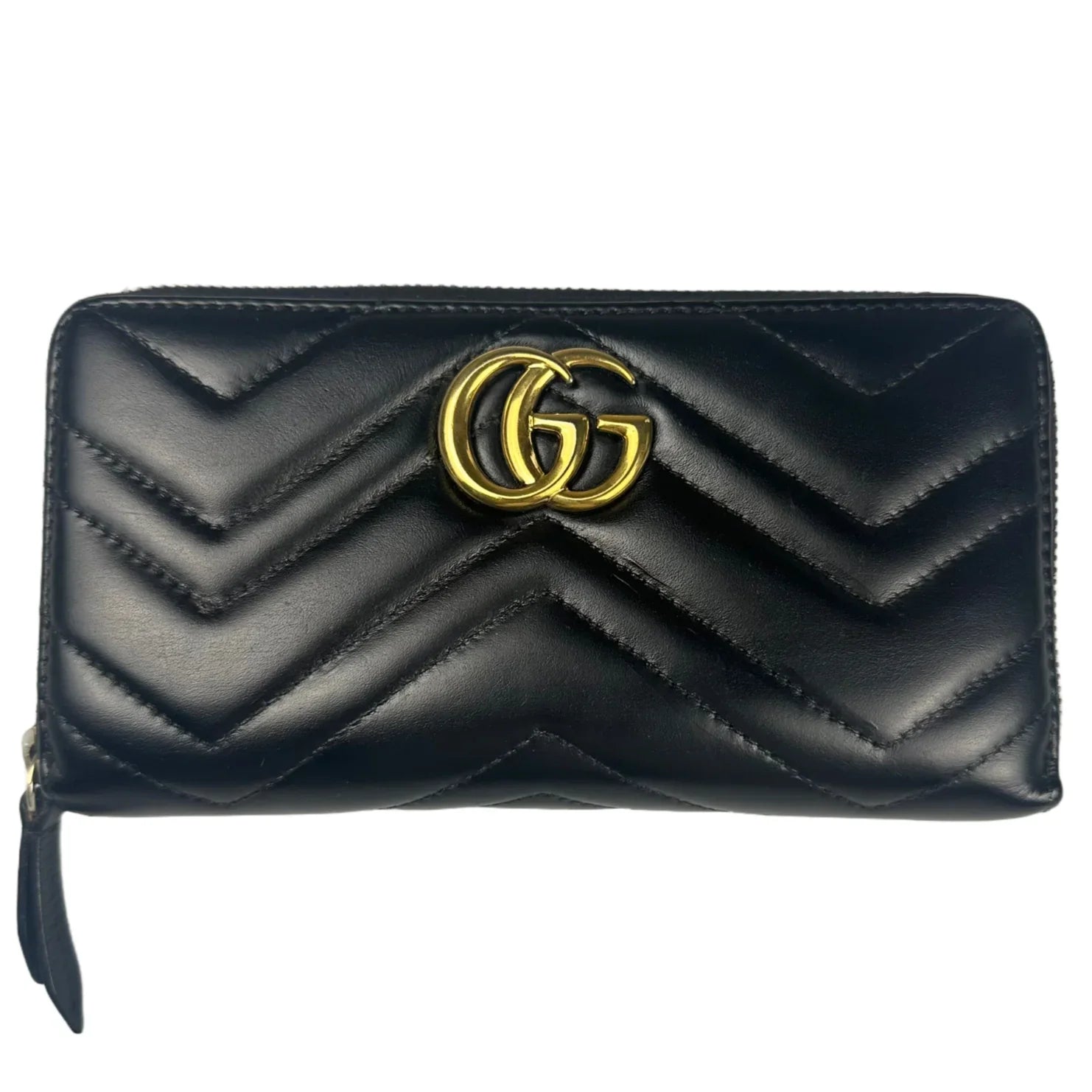Gucci GG Marmont Zip-Around Long Wallet Black Matelassé Chevron Leather