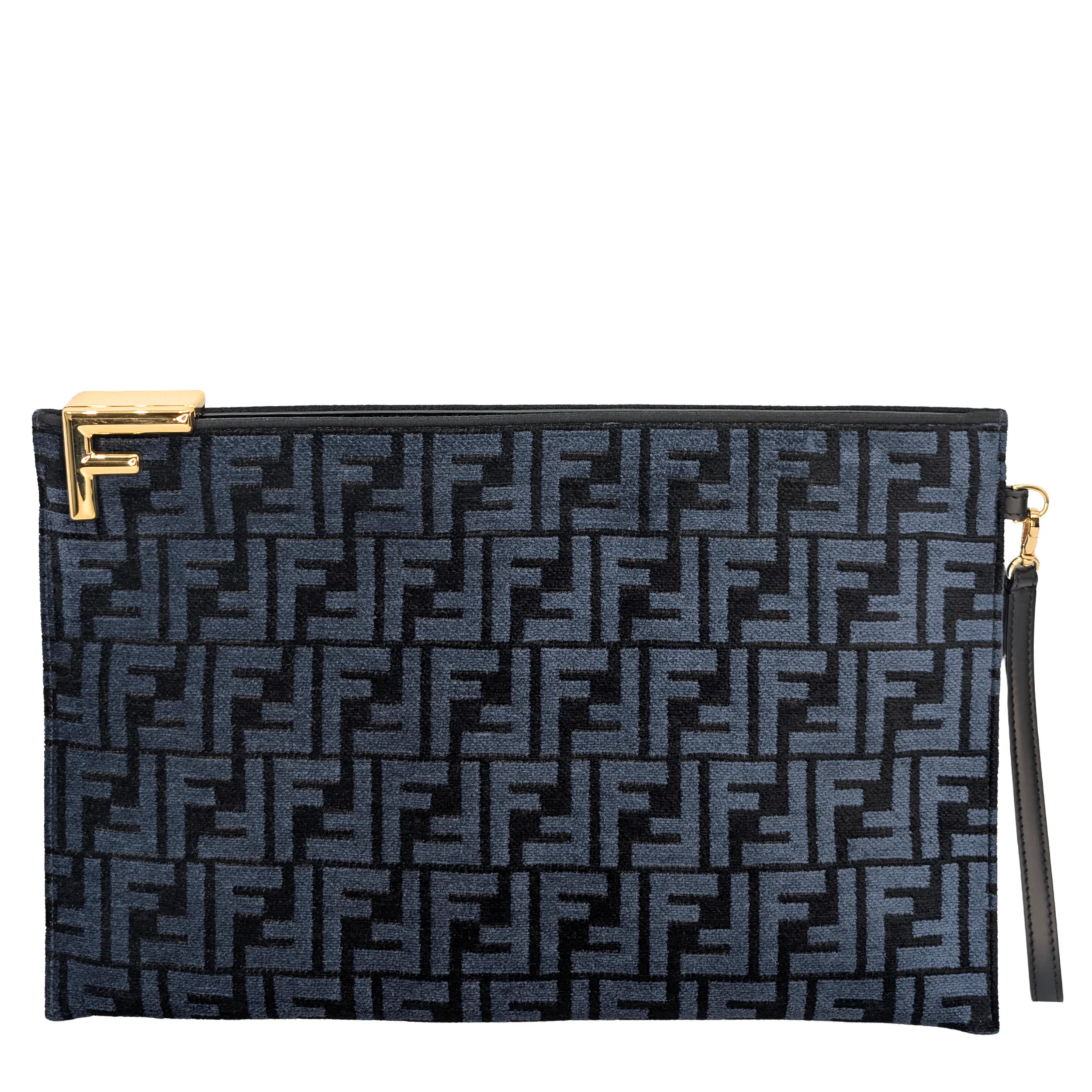 Fendi FF Jacquard Velvet Clutch Bag Navy Blue