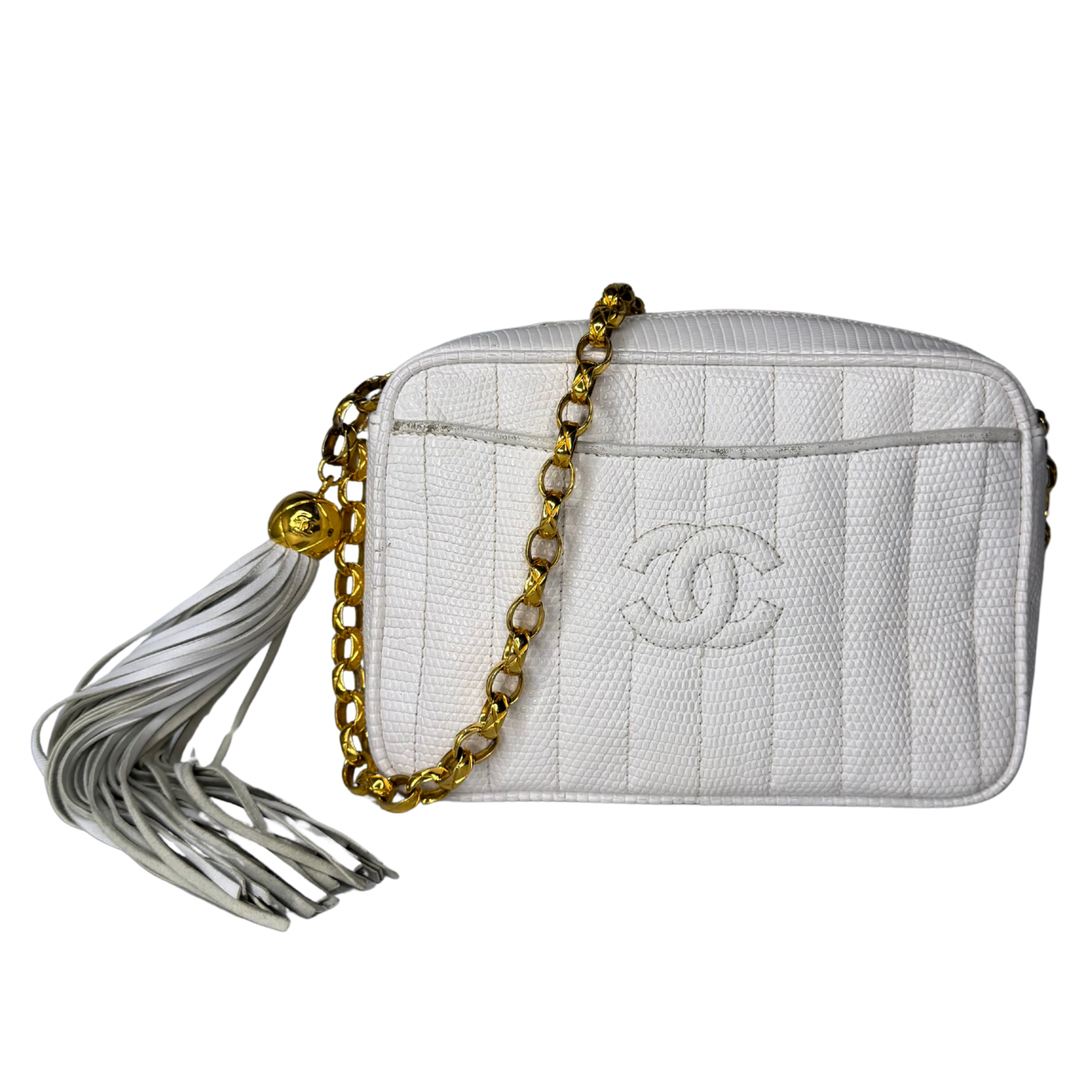 Chanel Vintage White Lizard Tassel Camera Crossbody Bag