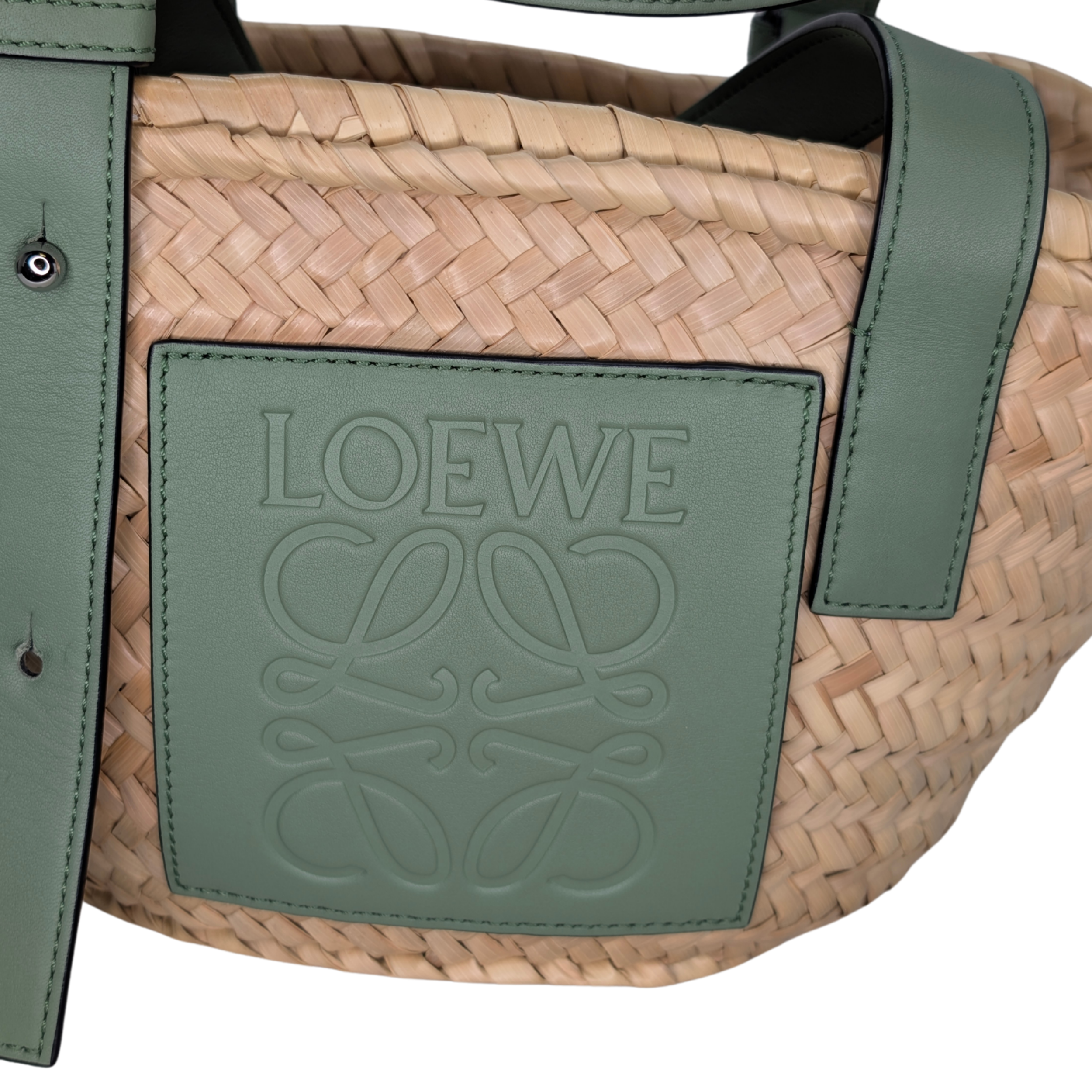Loewe Raffia Small Basket Tote Bag Natural Green Rosemary