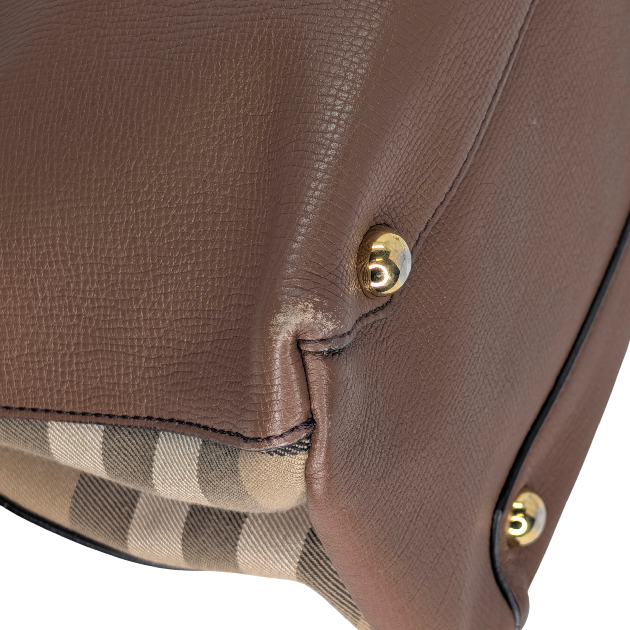 Burberry Brown Pebbled Leather House Check Medium Banner Tote Bag