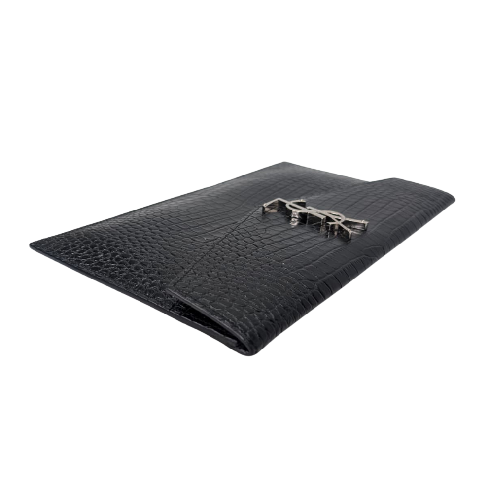Saint Laurent Small Uptown Pouch In Crocodile-Embossed Leather Black