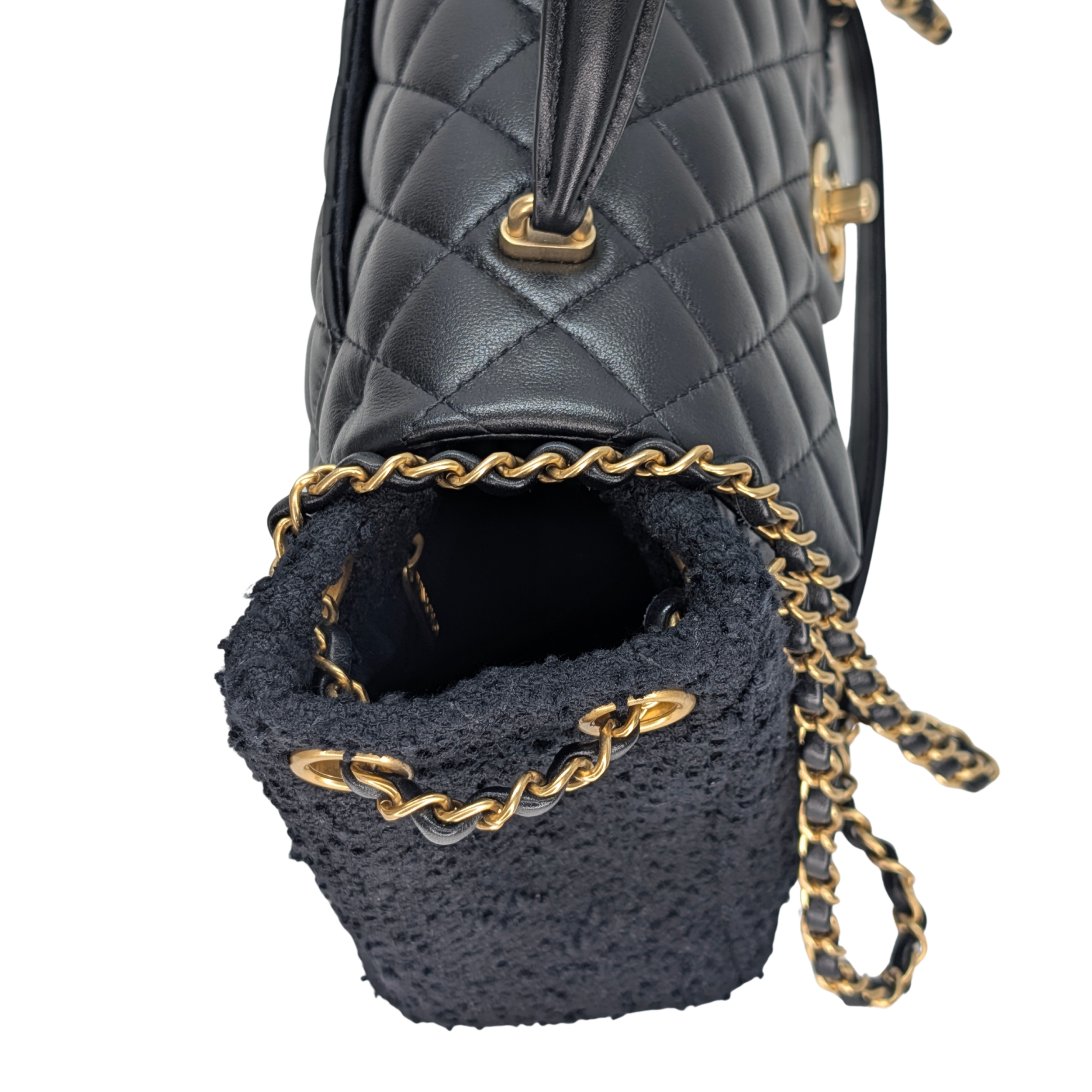 Chanel Top Handle Flap Tweed & Lambskin Bag GHW Black