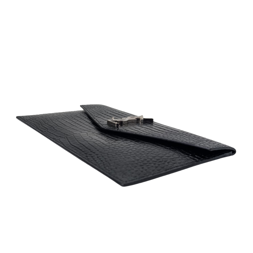 Saint Laurent Small Uptown Pouch In Crocodile-Embossed Leather Black