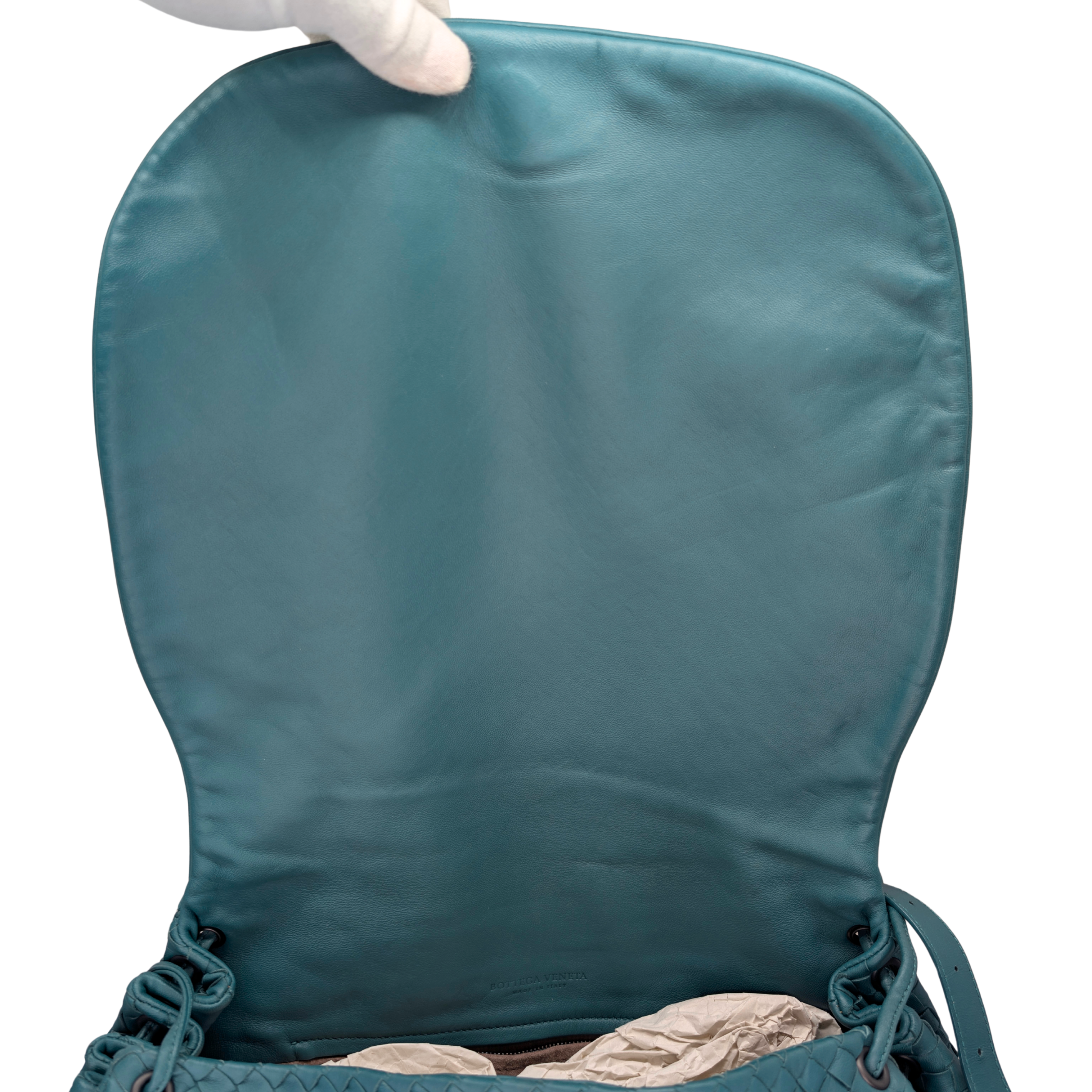 Bottega Veneta Tabita Drawstring Flap Intrecciato Shoulder Bag Blue