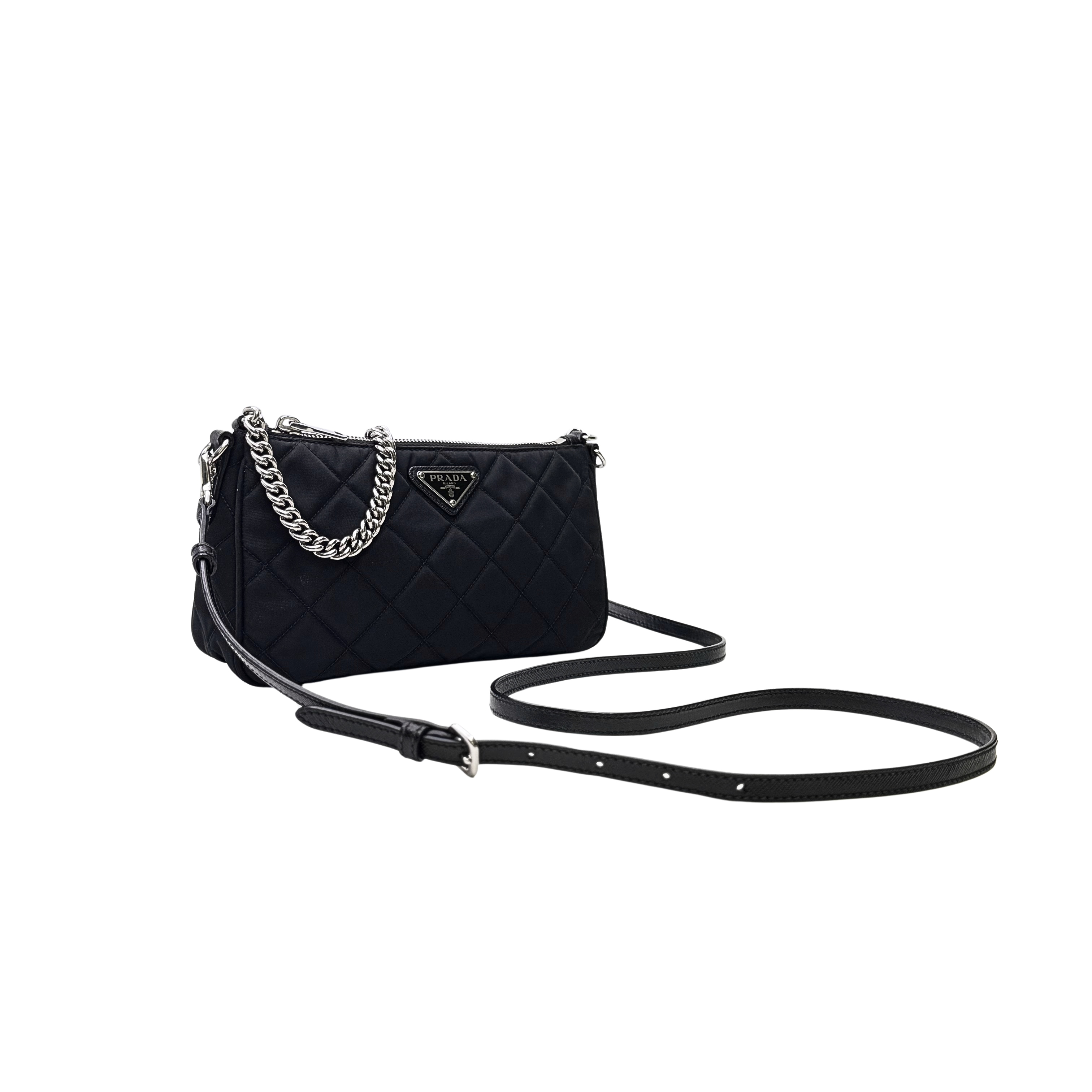 Prada Tessuto Quilted Chain Crossbody Bag Nylon Black