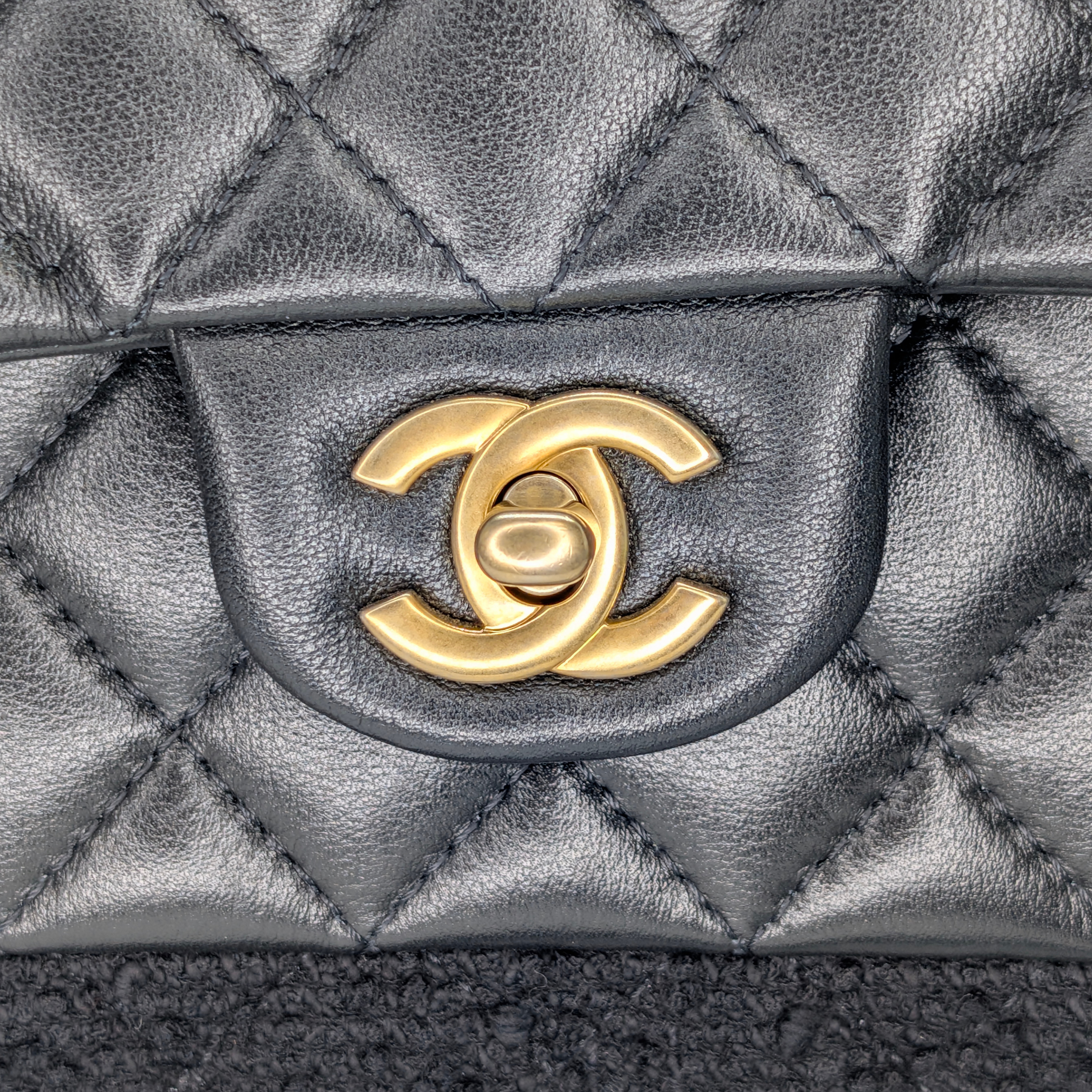Chanel Top Handle Flap Tweed & Lambskin Bag GHW Black