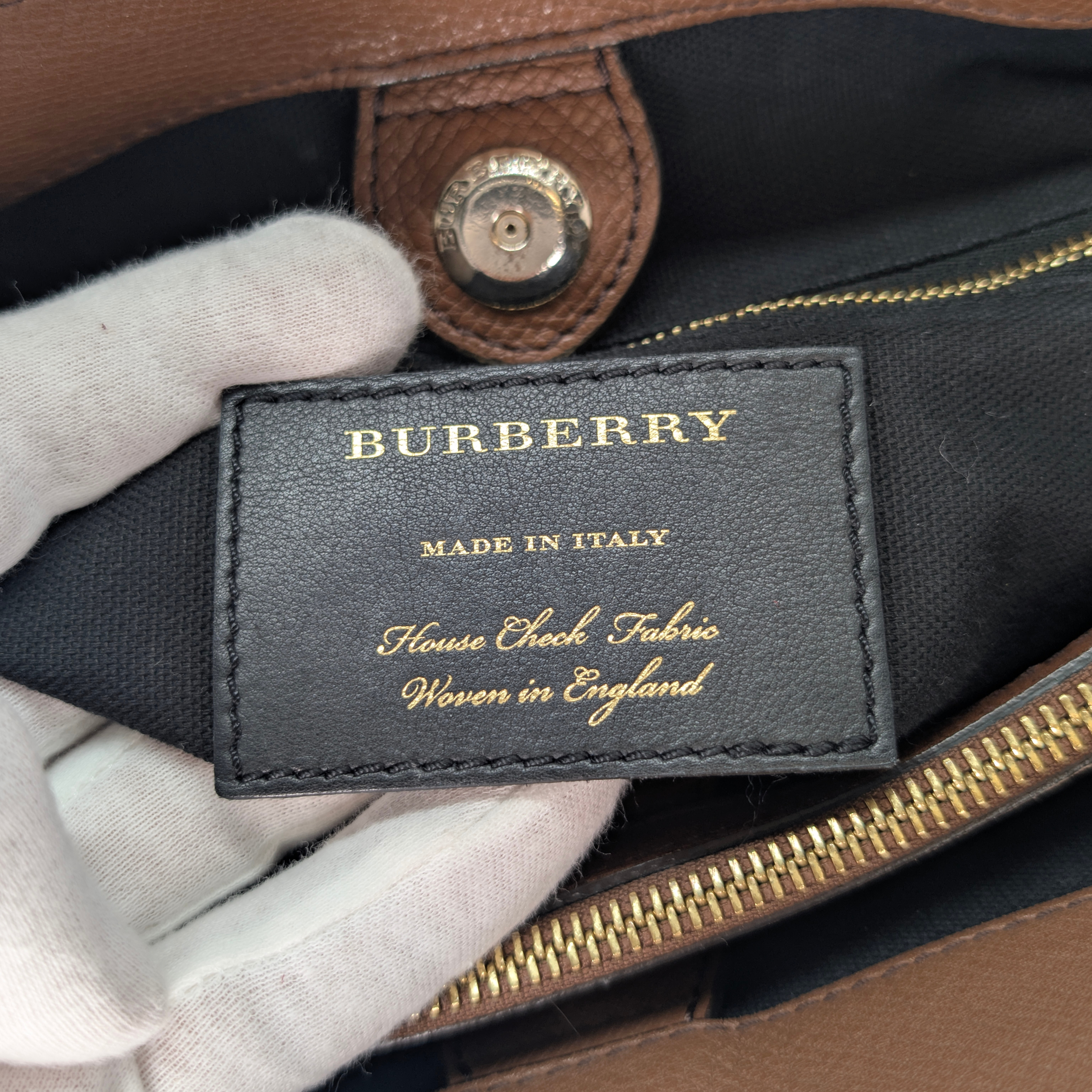 Burberry Brown Pebbled Leather House Check Medium Banner Tote Bag