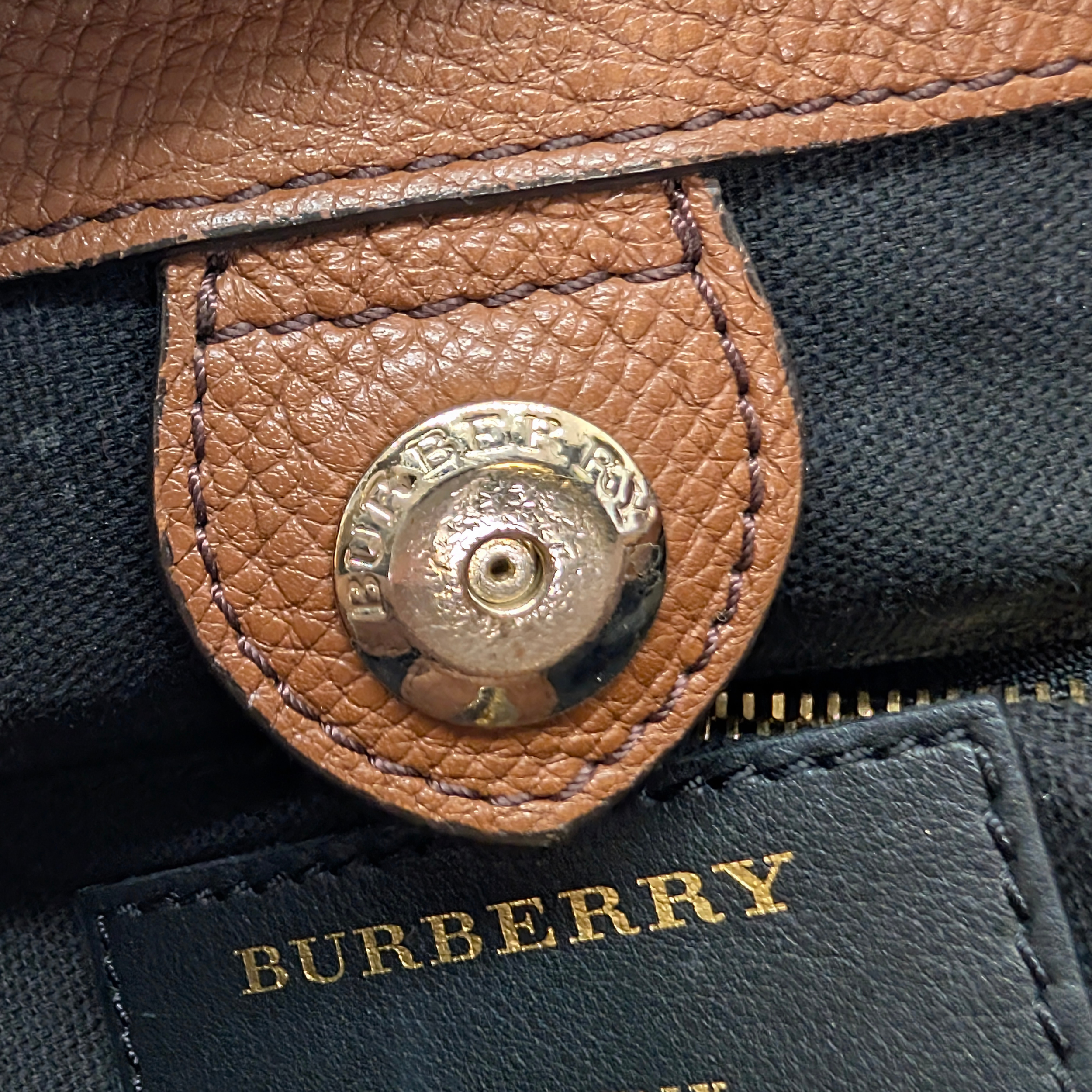 Burberry Brown Pebbled Leather House Check Medium Banner Tote Bag