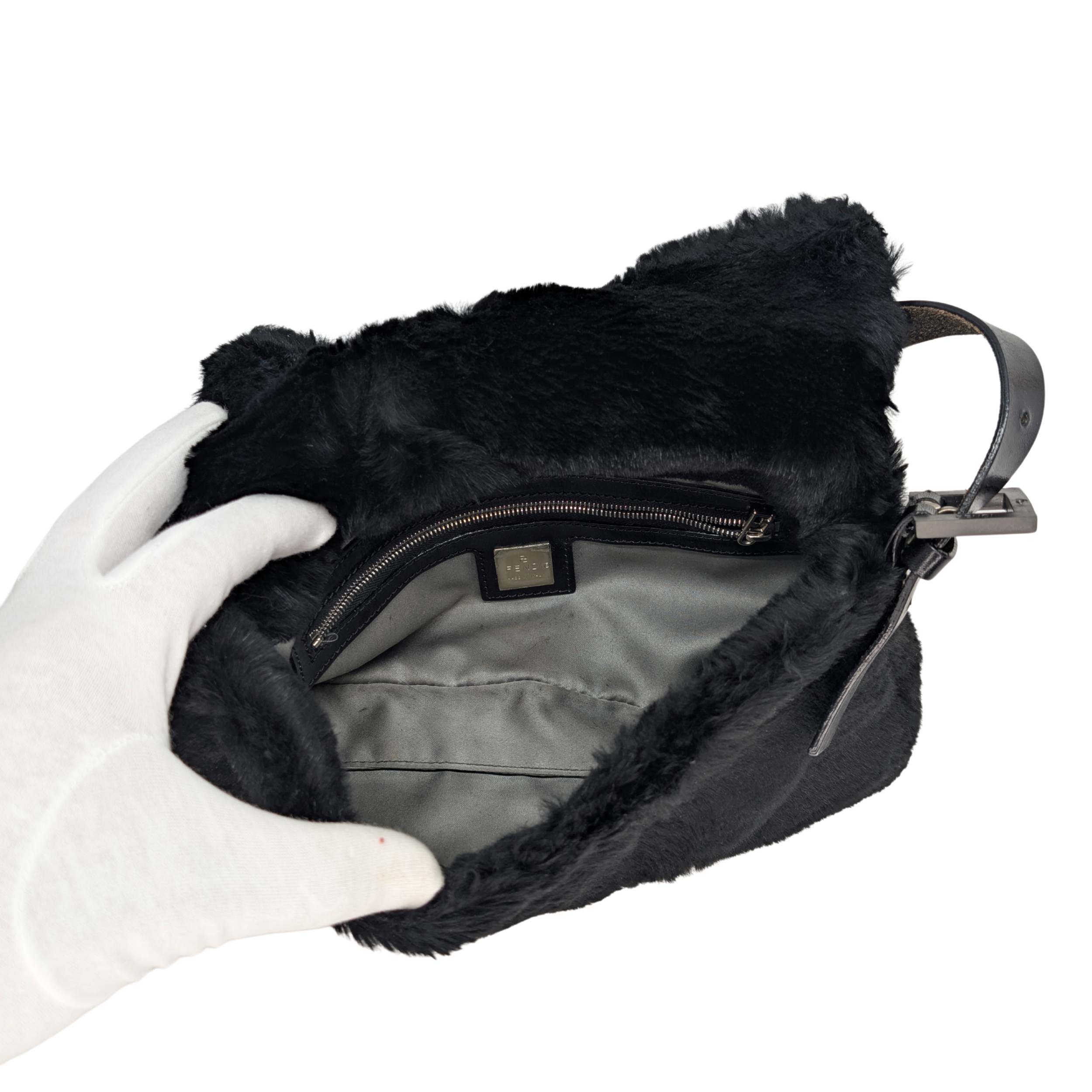 Fendi Rabbit Fur Baguette Handbag Black