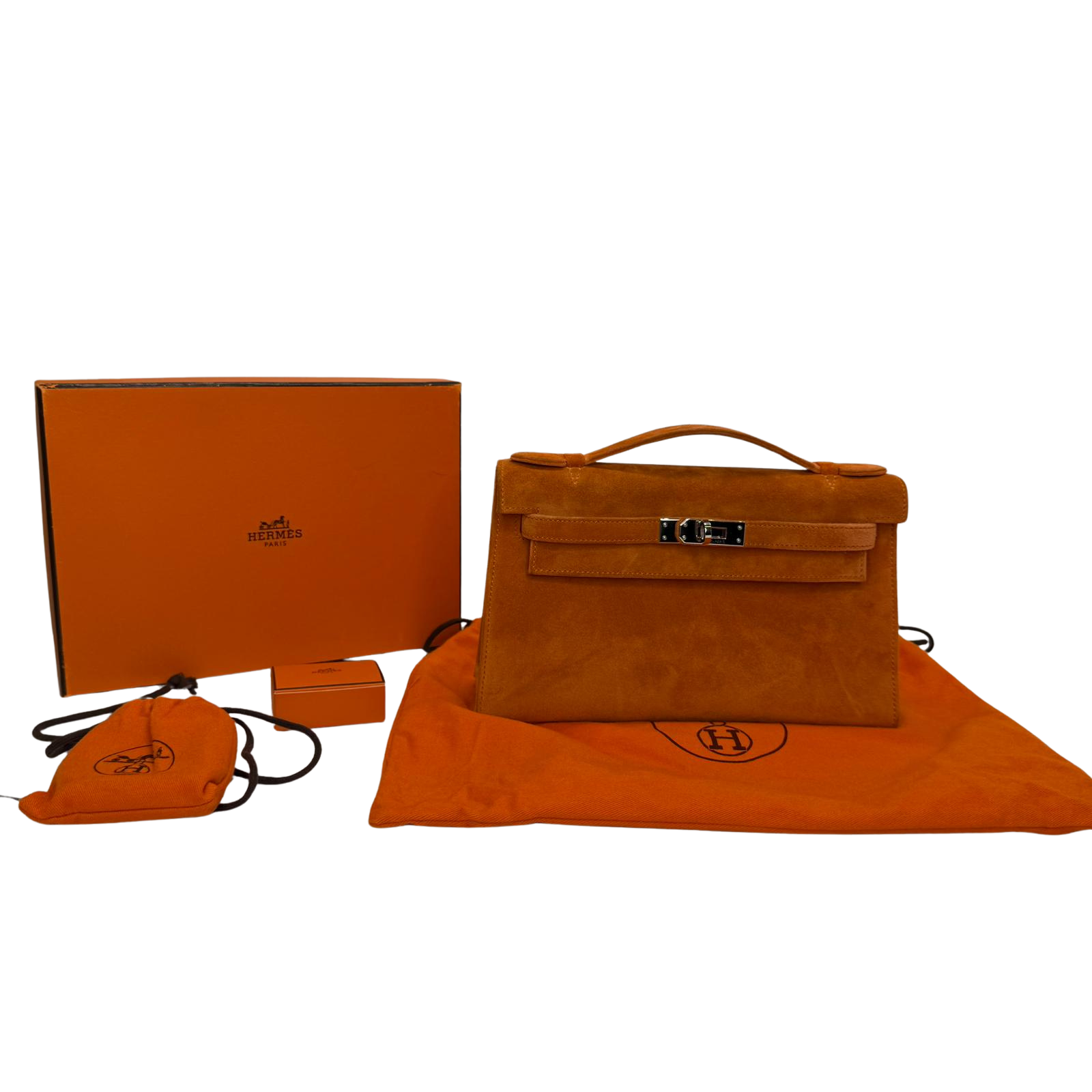Hermès Kelly Pochette Orange H Veau Doblis Suede PWH ☐ I Stamp