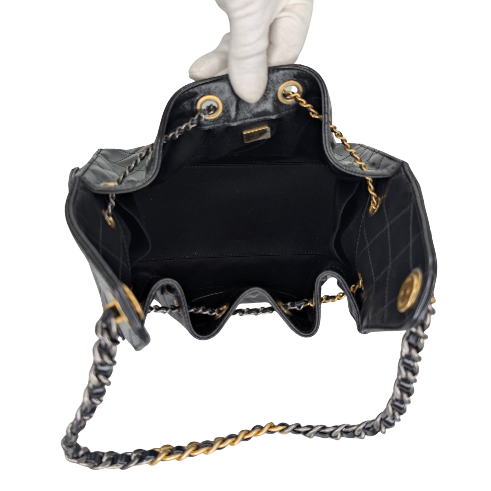 Chanel Small 25 Gold Tone Crumpled Calfskin Handbag Black