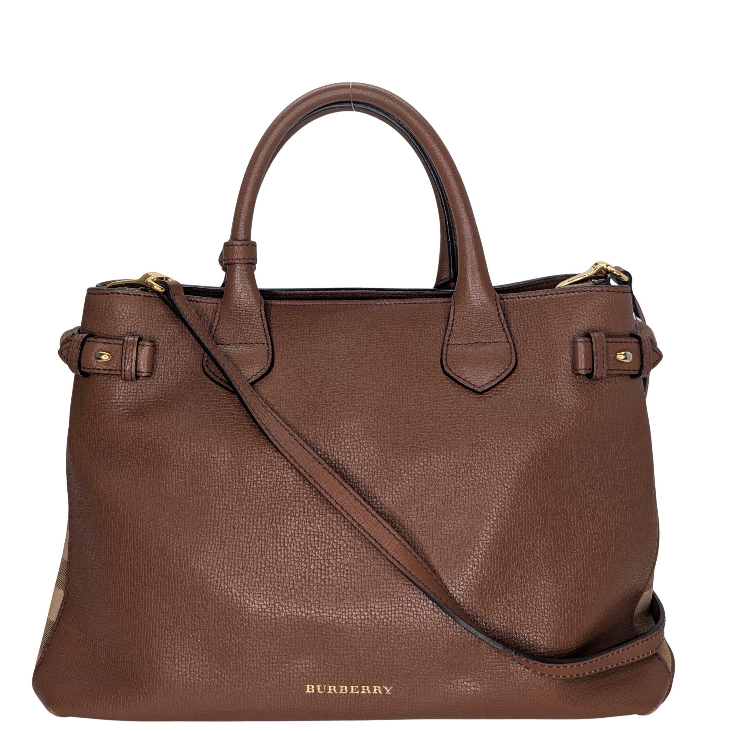 Burberry Brown Pebbled Leather House Check Medium Banner Tote Bag