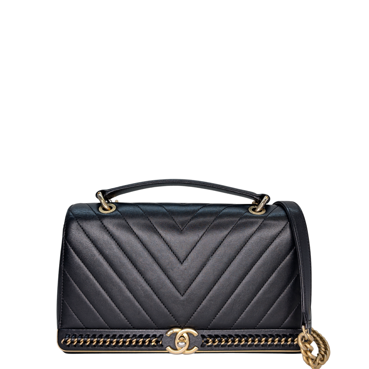 Chanel Chevron Lambskin Stitched Chain Top Handle Flap