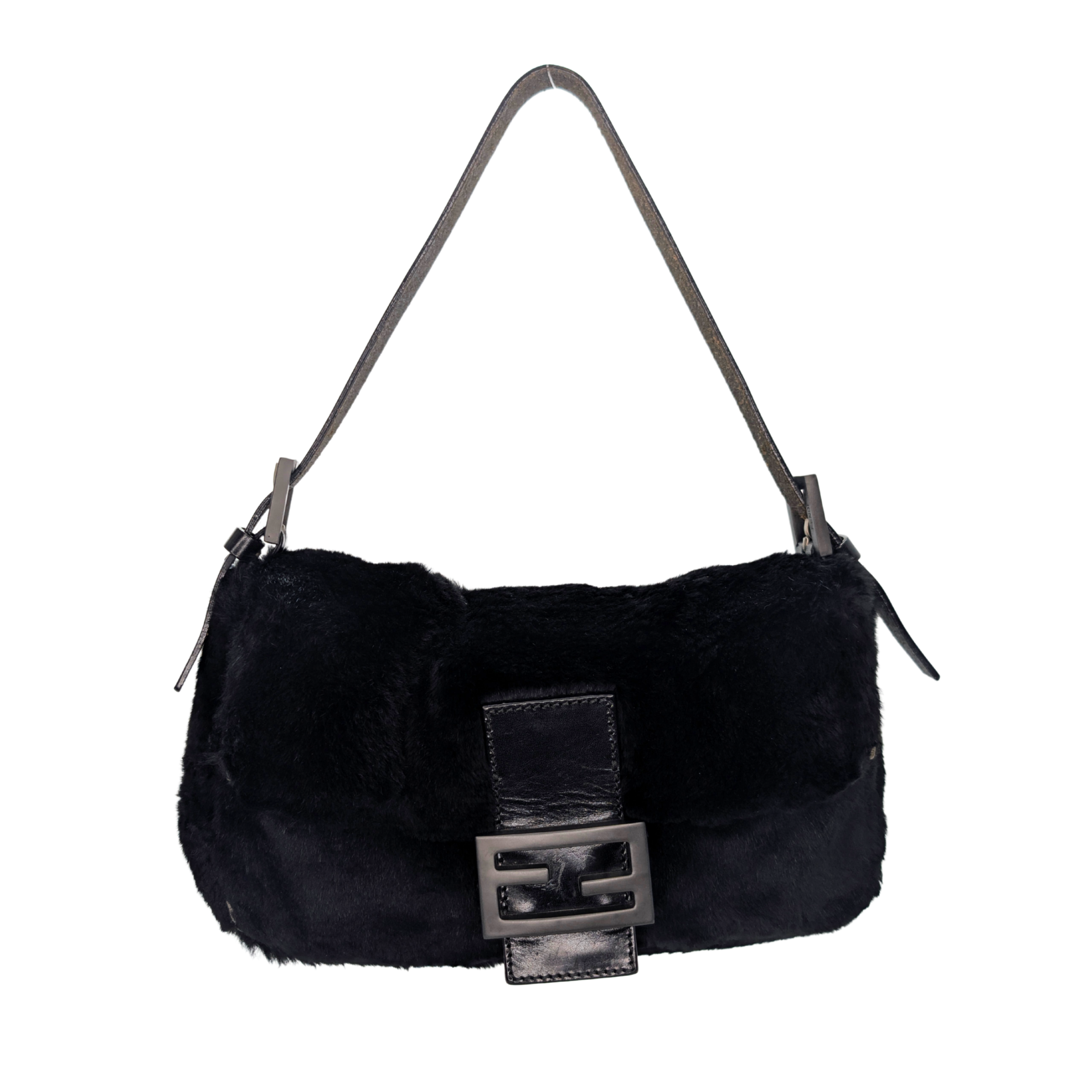 Fendi Rabbit Fur Baguette Handbag Black