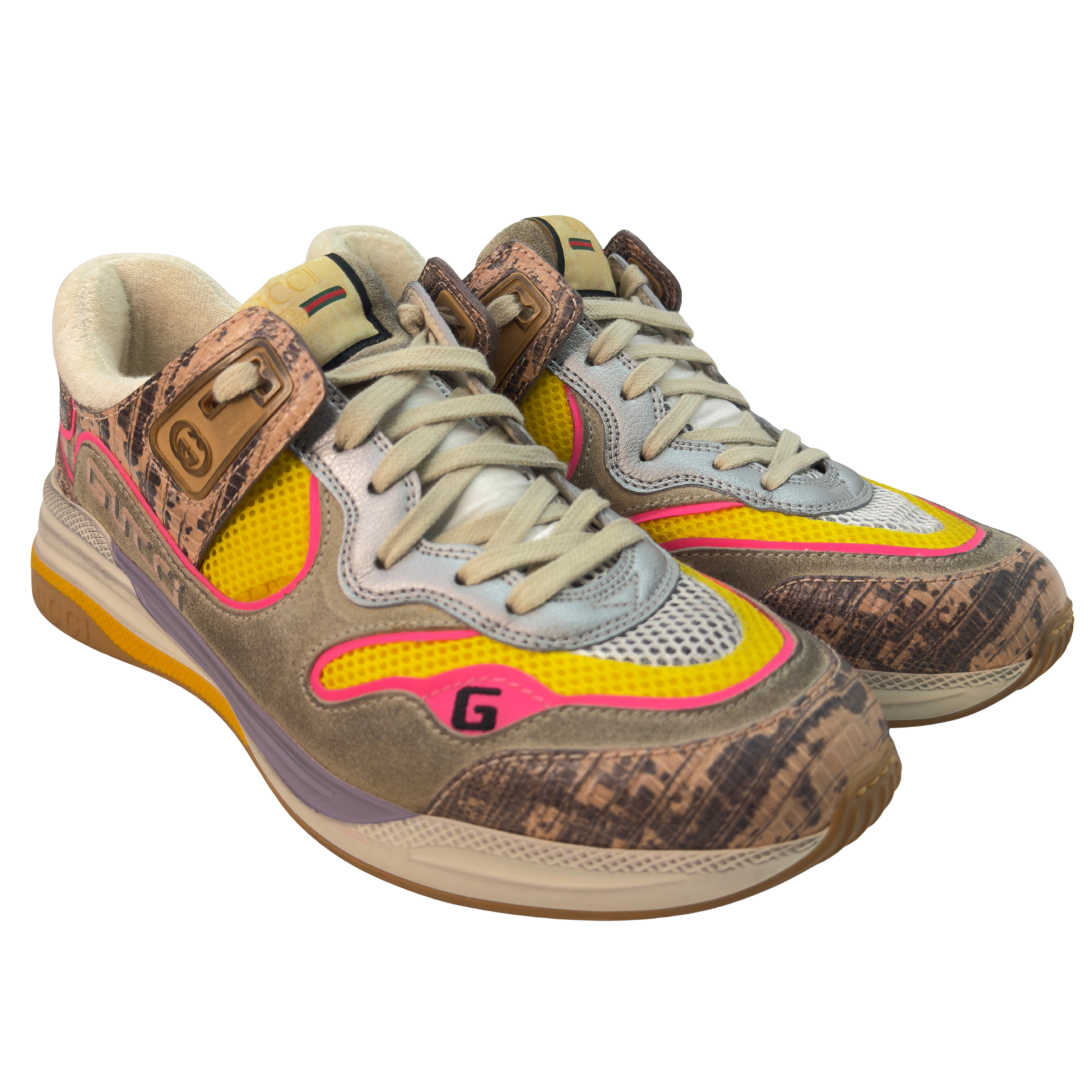 Gucci Suede Calfskin Tejus Printed Womens Ultrapace Sneakers Pink Silver Oatmeal Yolk 39