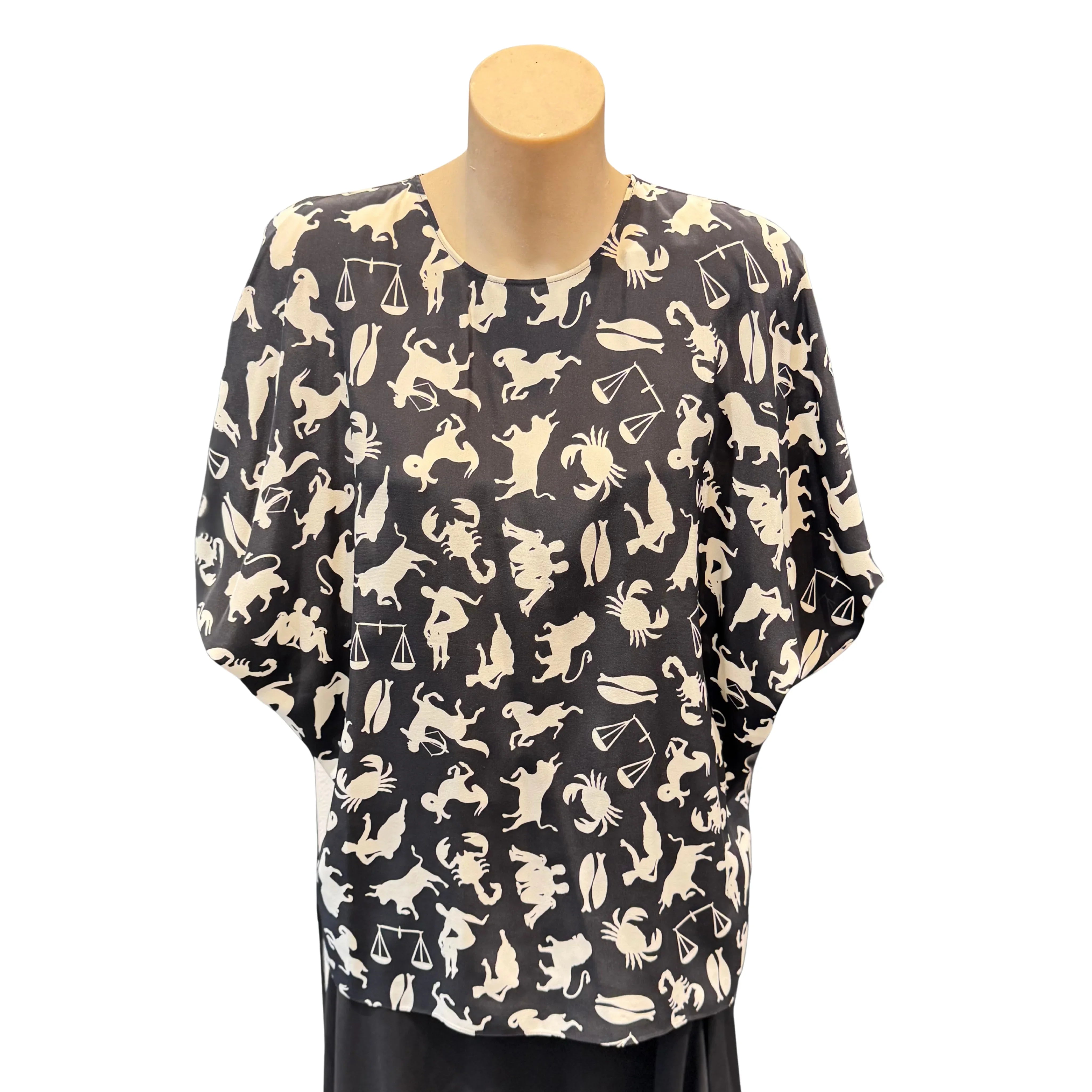 Yves Saint Laurent Black/Cream Silk Zodiac Print Blouse Shirt 40