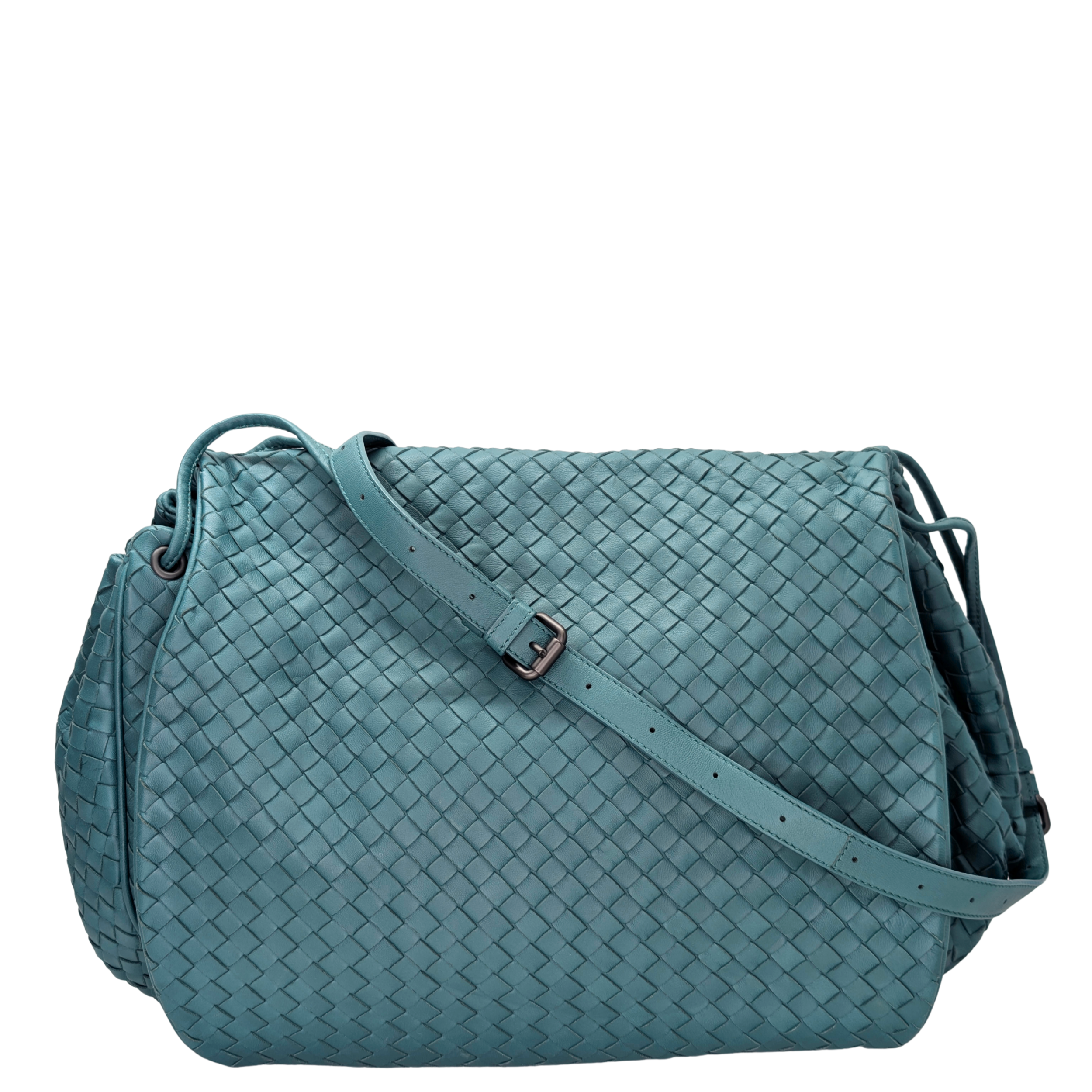 Bottega Veneta Tabita Drawstring Flap Intrecciato Shoulder Bag Blue