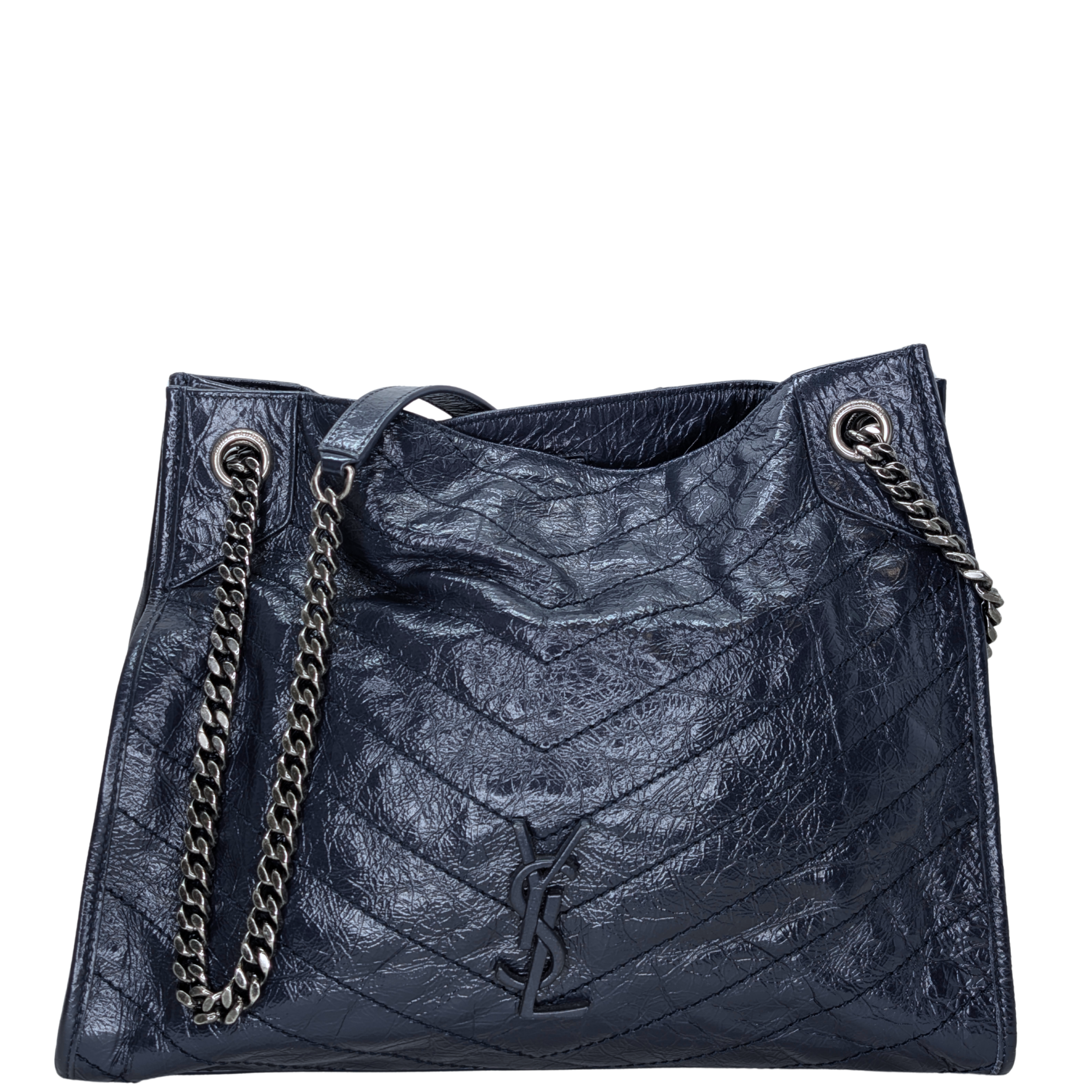 Saint Laurent Crinkled Leather Niki Shopper Tote Navy