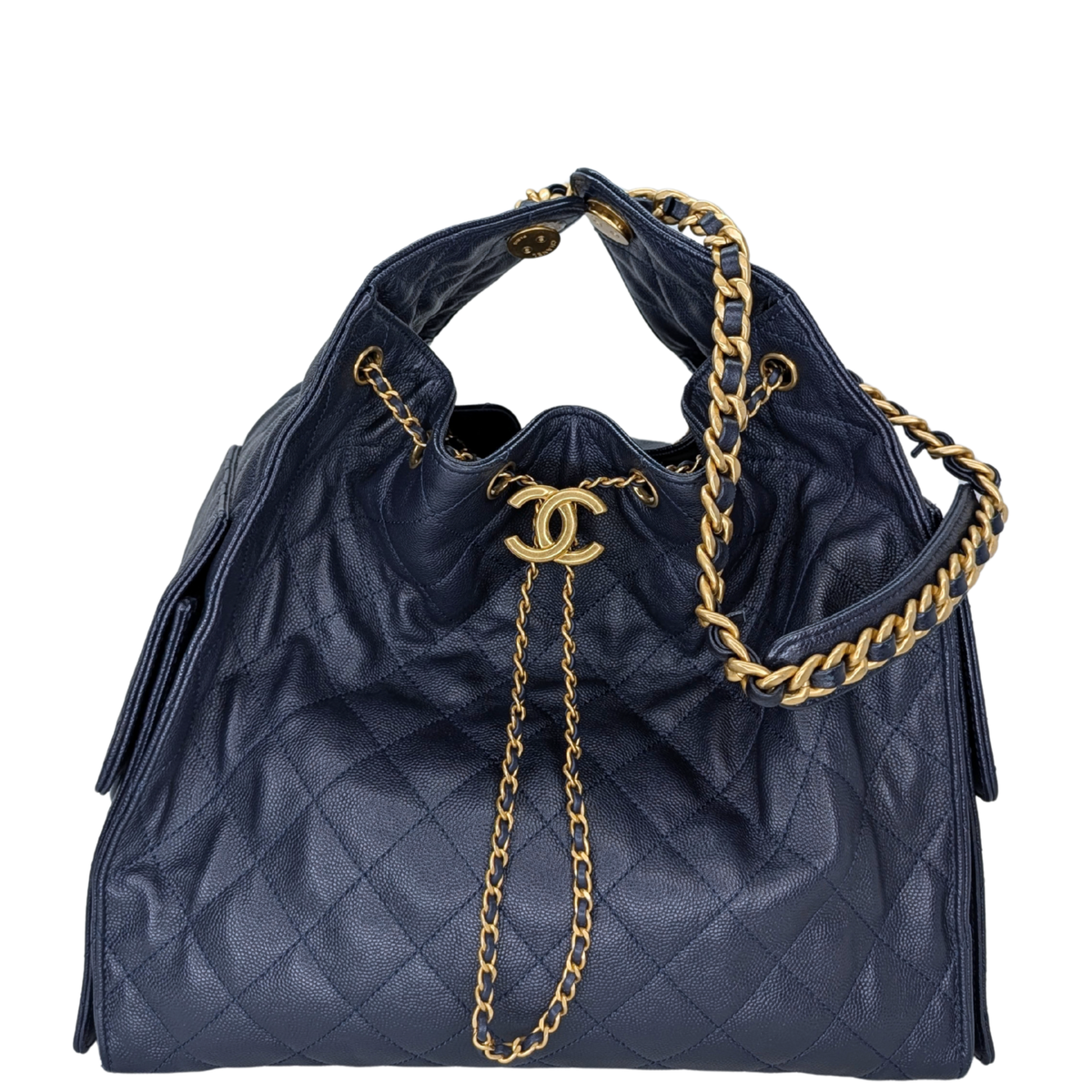 Chanel 25 Medium Caviar Leather Shoulder Bag Navy